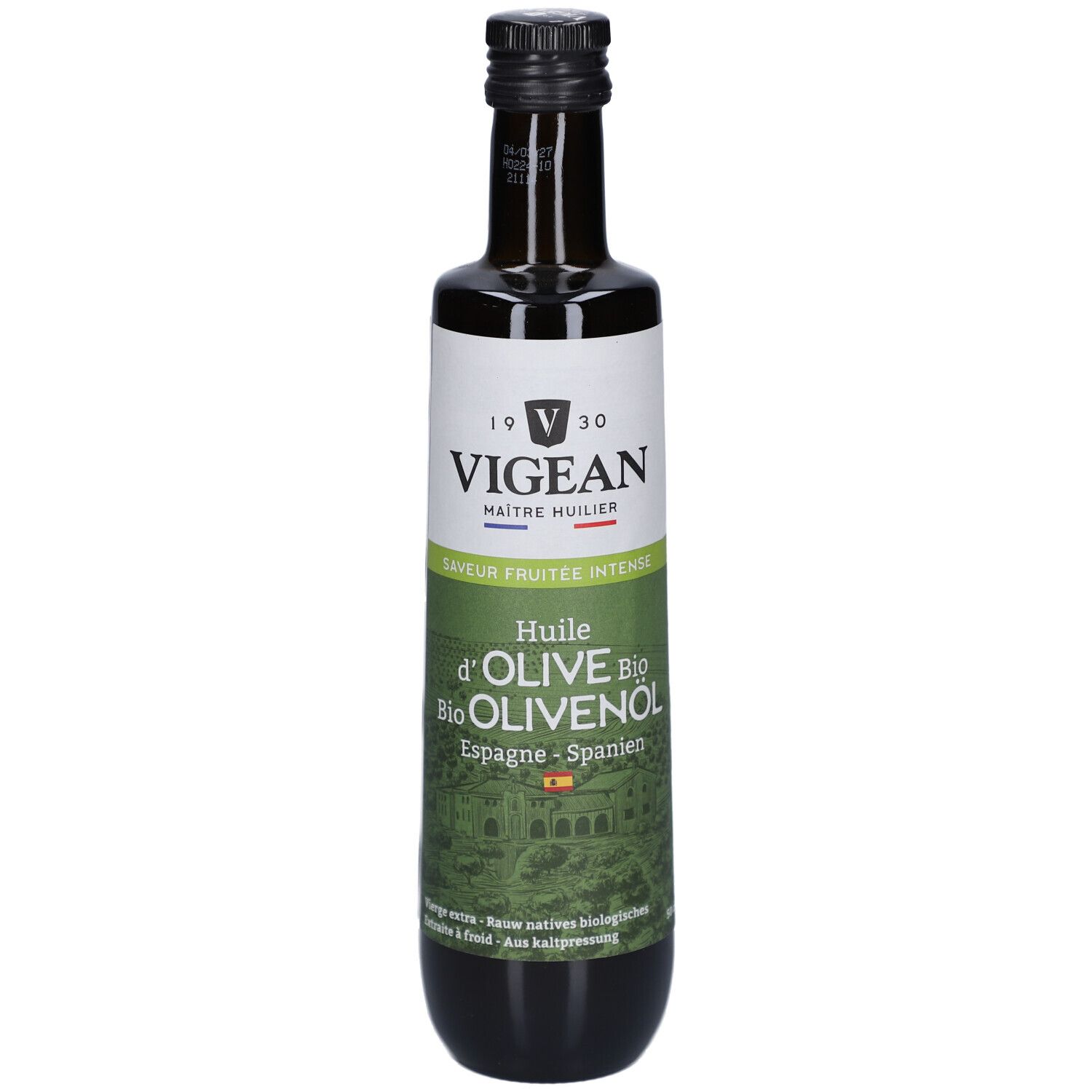 Grüne Glasflasche mit schwarzem Deckel. Etikett mit VIGEAN-Logo und Text: Huile d'Olive Bio, Olivenöl, Espagne. Spanische Flagge.