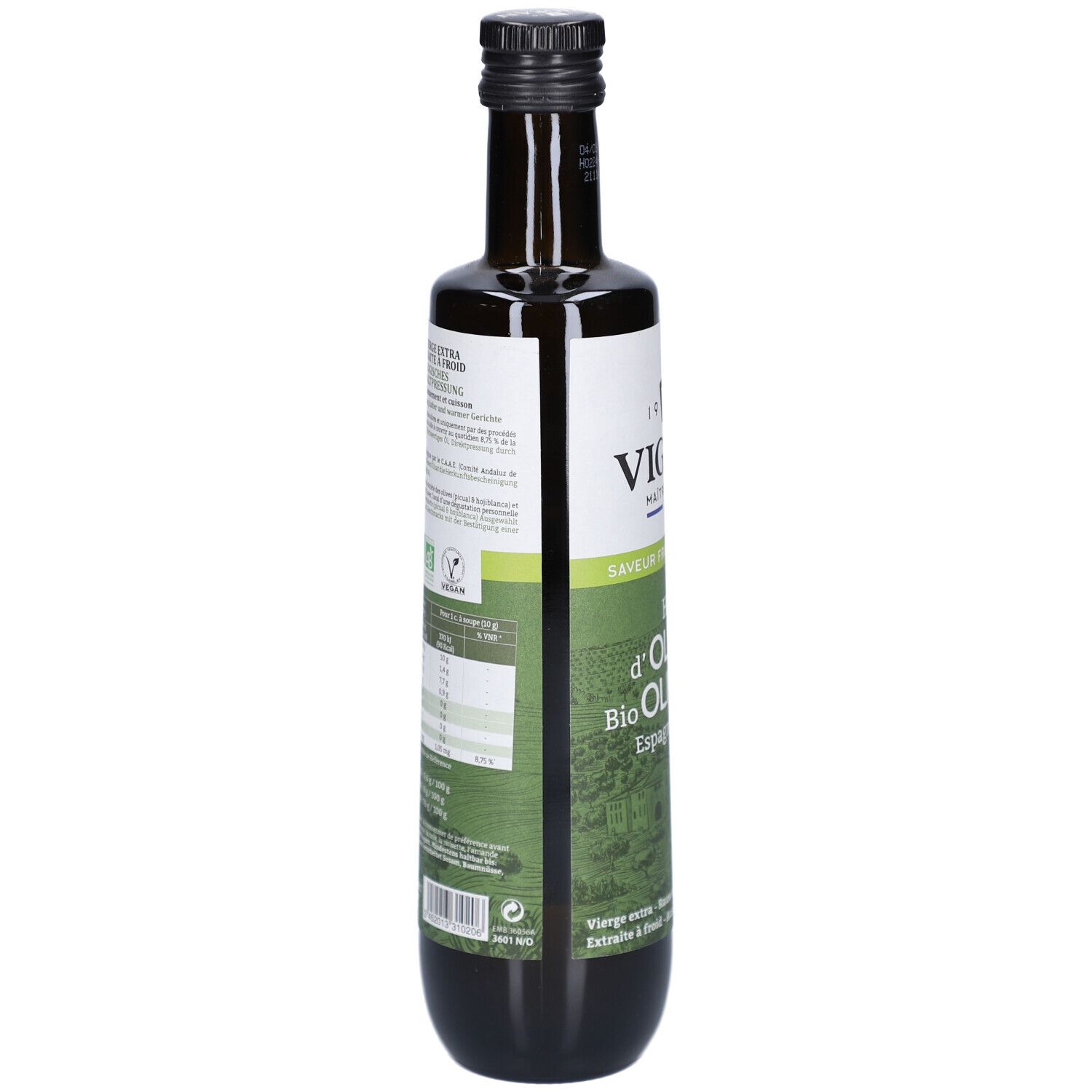 Grüne Glasflasche mit schwarzem Deckel. Etikett mit Text und Informationen. Rückansicht der Flasche.