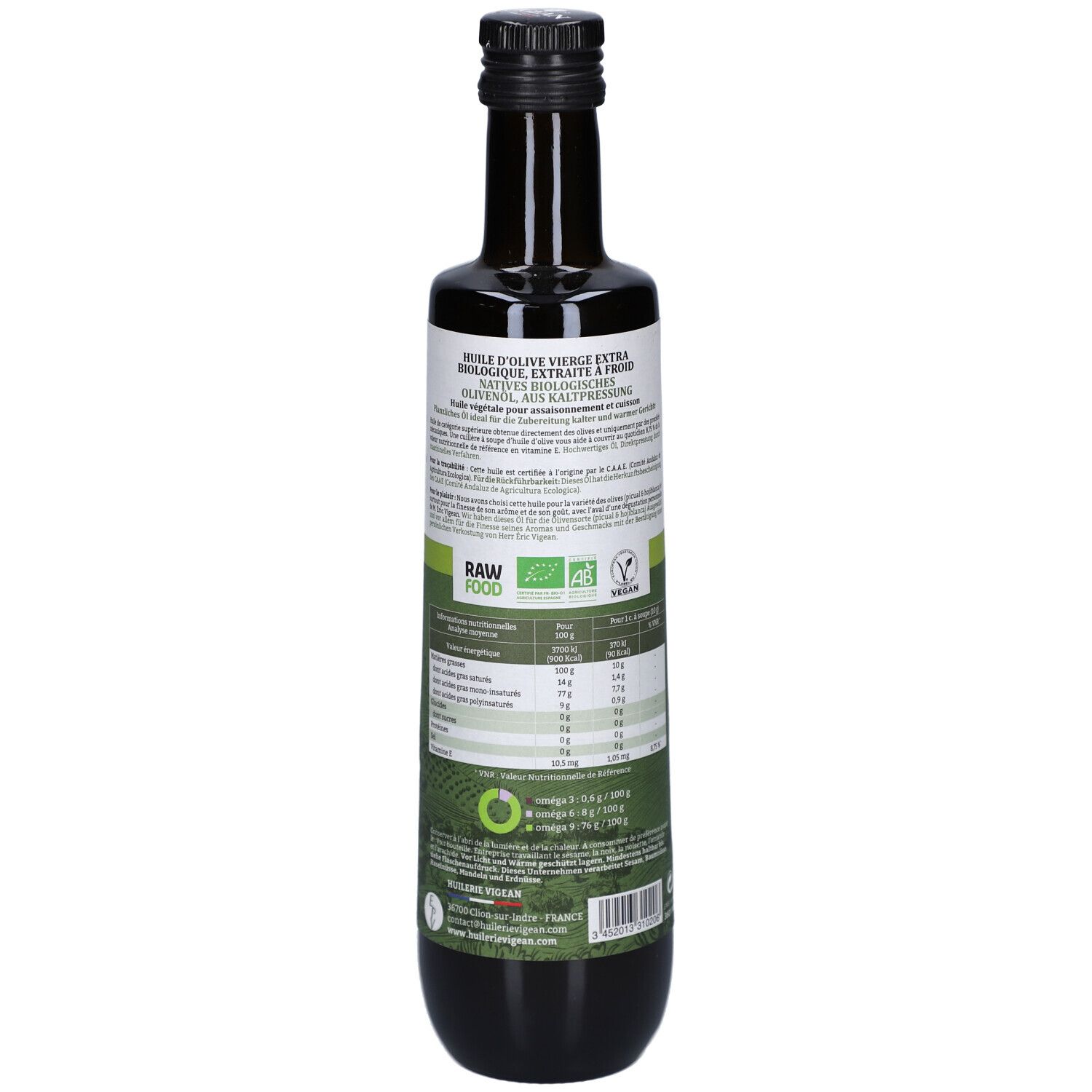 Grüne Glasflasche mit schwarzem Deckel. Rückseite mit Etikett. Text: Huile d'Olive Vierge Extra, Bio, Olivenöl. Informationen und Zertifizierungen.