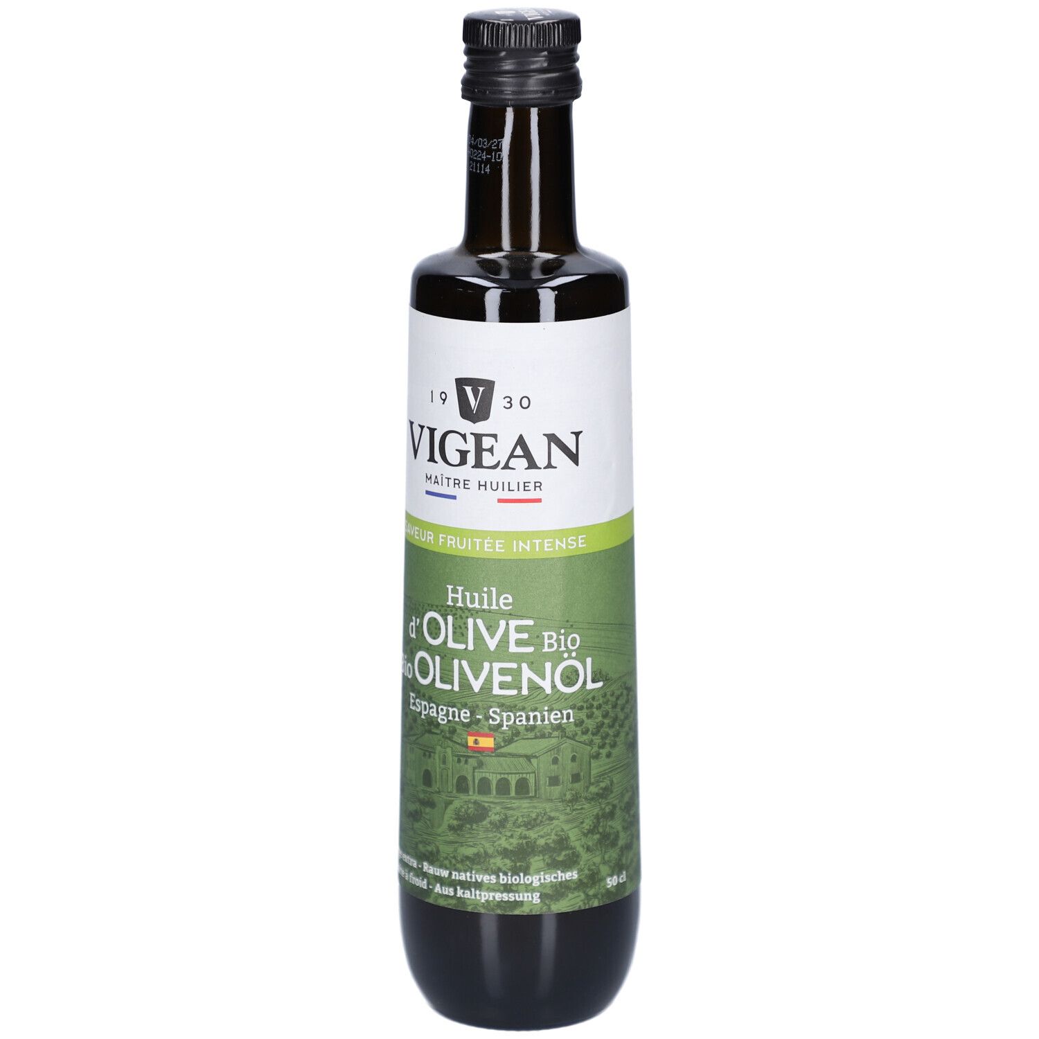 Grüne Glasflasche mit schwarzem Deckel. Etikett mit VIGEAN-Logo und Text: Huile d'Olive Bio, Olivenöl, Espagne. Spanische Flagge.