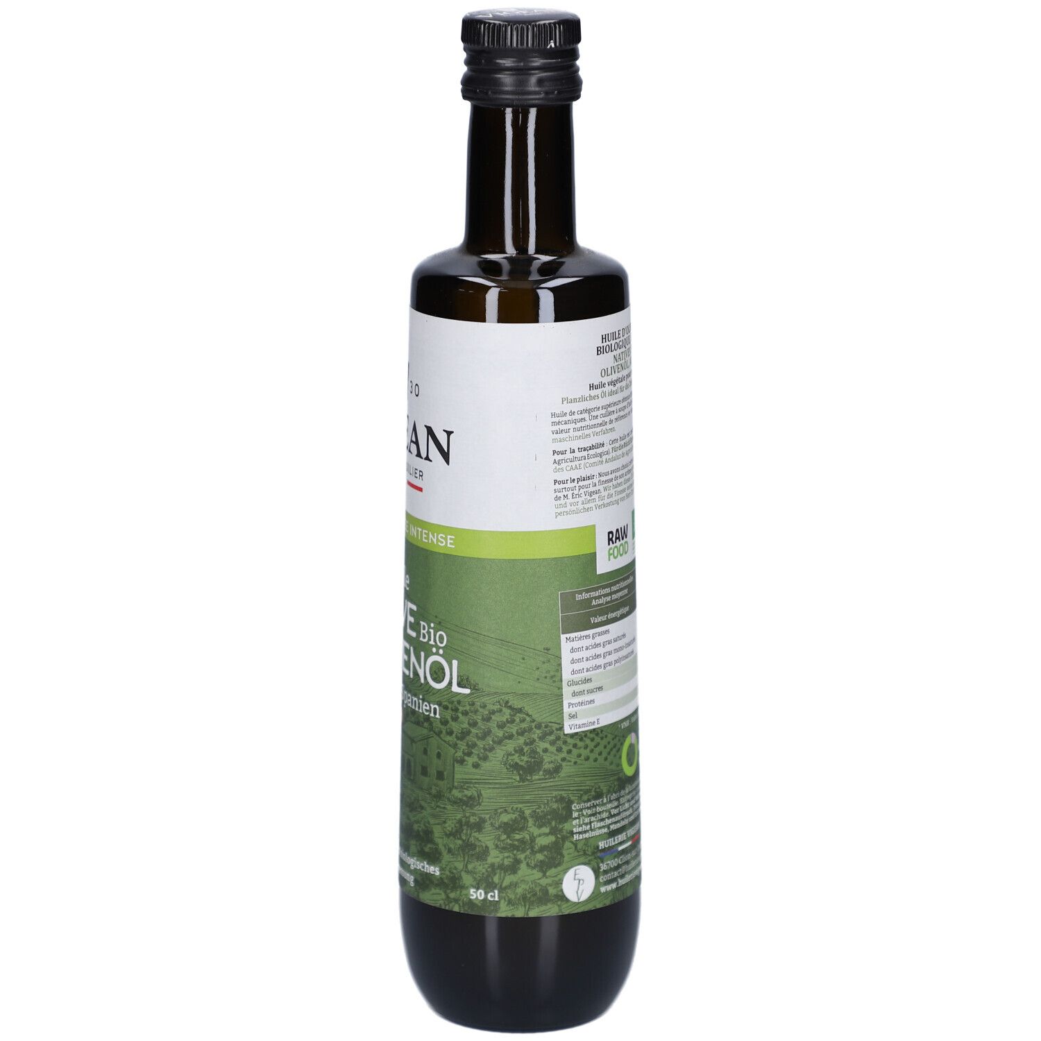 Grüne Glasflasche mit schwarzem Deckel. Etikett mit Text und Informationen. Rückansicht der Flasche.