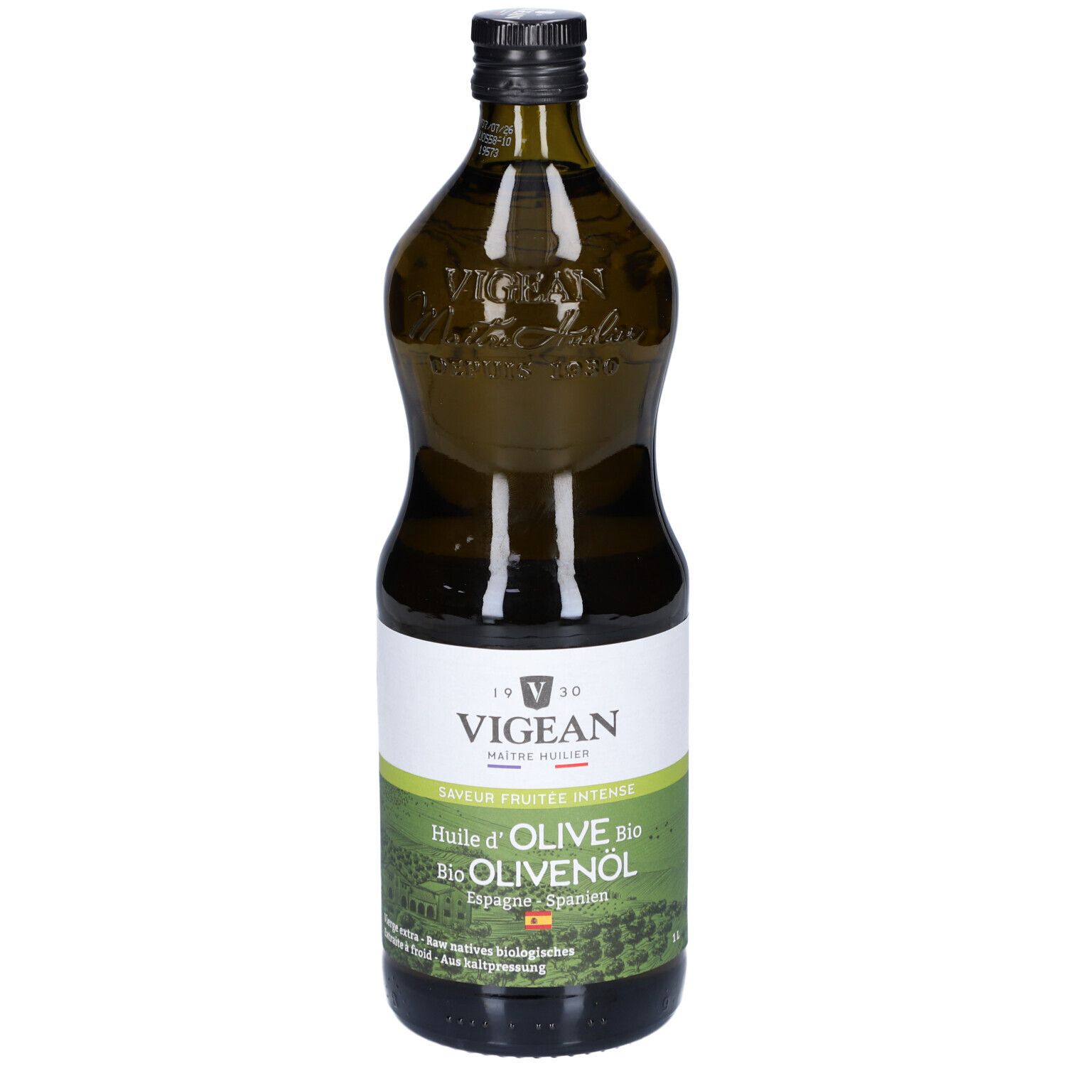 Grüne Glasflasche mit Olivenöl. Aufschrift: VIGEAN, Huile d'Olive Bio, Olivenöl. Schwarzer Verschluss.
