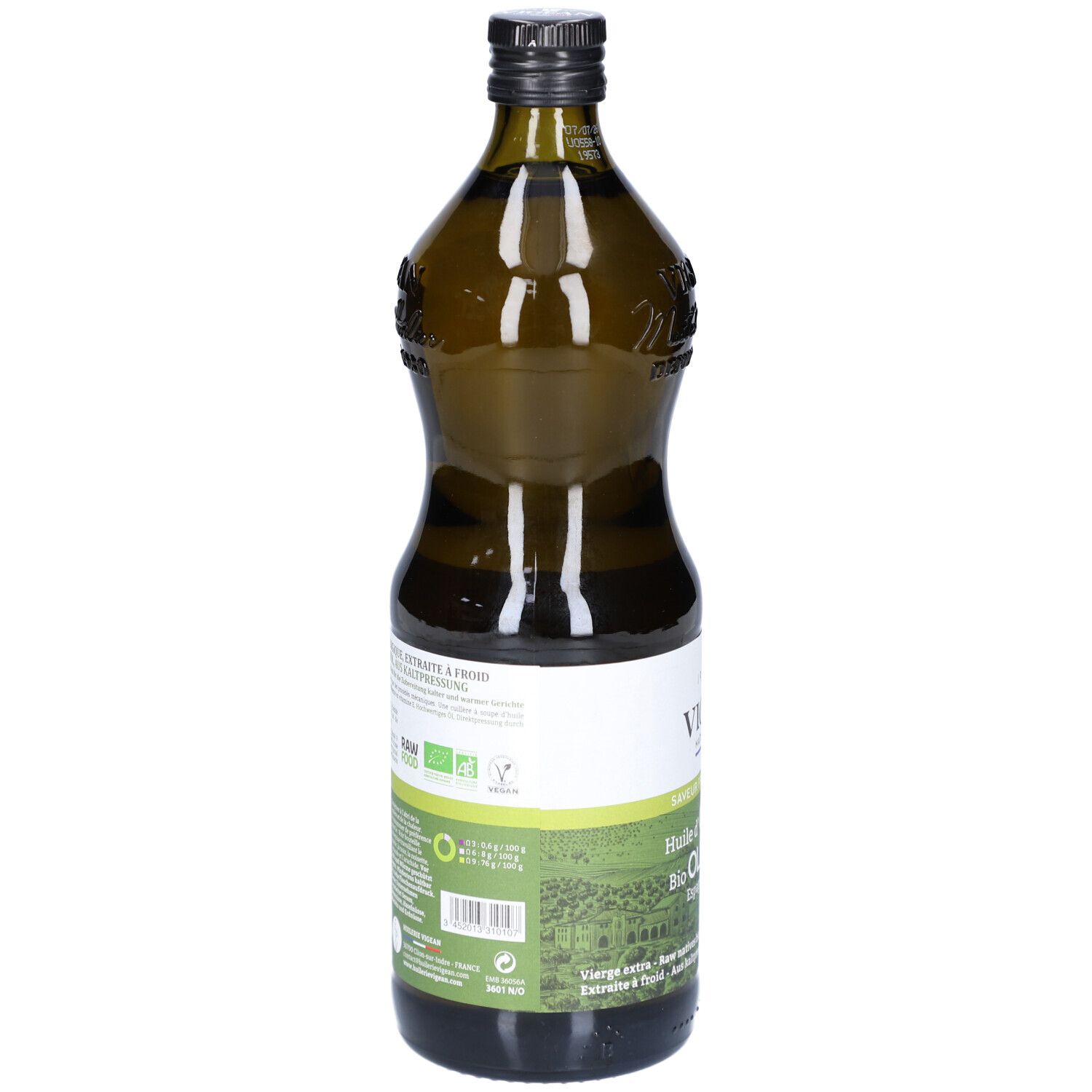 Rückseite der grünen Glasflasche. Aufschrift: VIGEAN, Huile d'Olive Bio, Olivenöl. Informationen und Zertifizierungen.