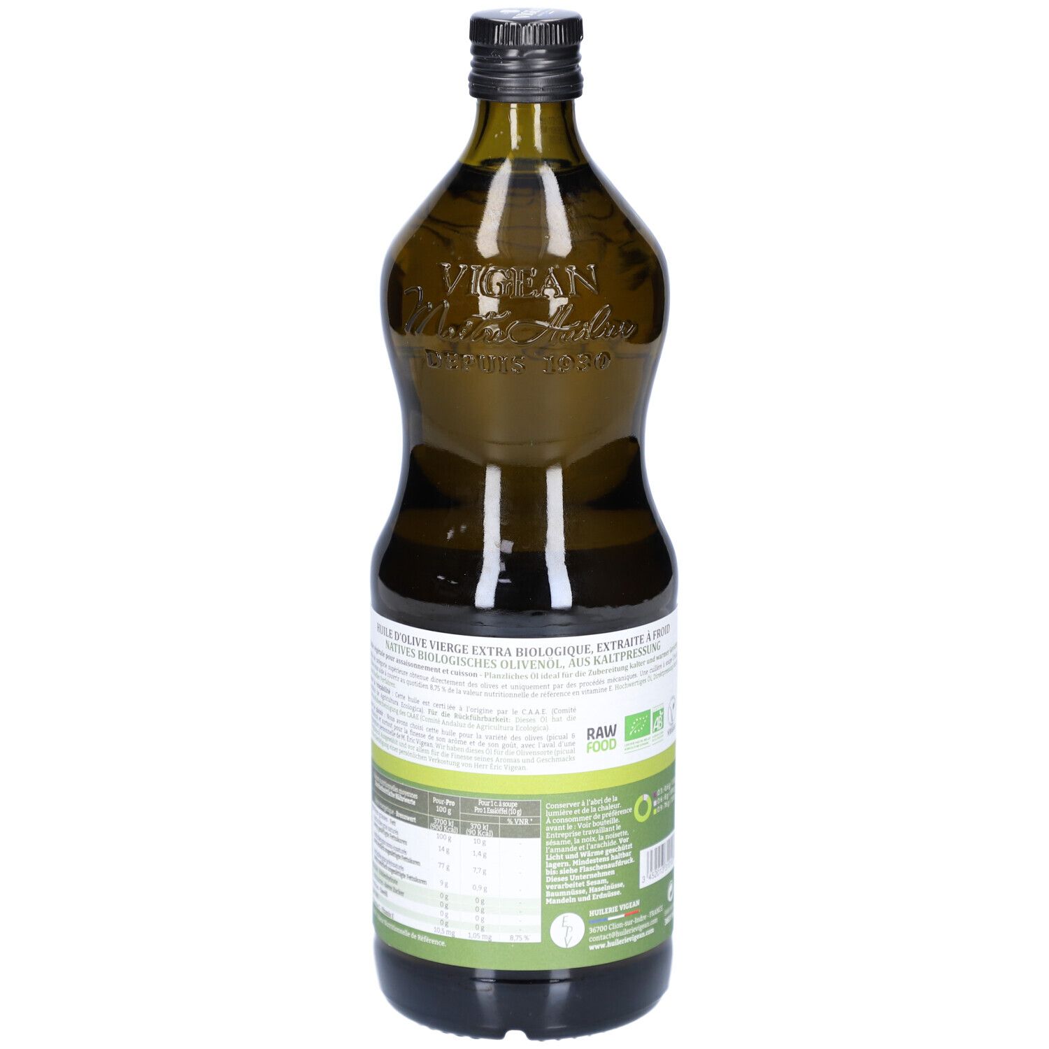 Rückseite der grünen Glasflasche. Aufschrift: VIGEAN, Huile d'Olive Bio, Olivenöl. Nährwertangaben und Zertifizierungen.