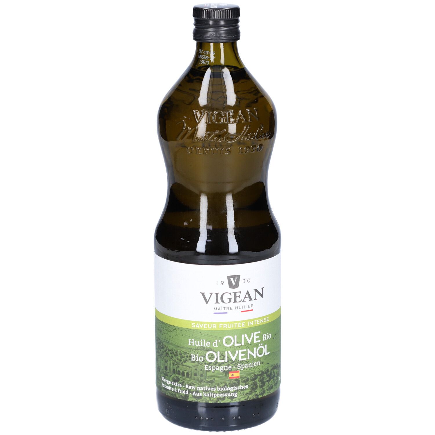 Grüne Glasflasche mit Olivenöl. Aufschrift: VIGEAN, Huile d'Olive Bio, Olivenöl. Schwarzer Verschluss.