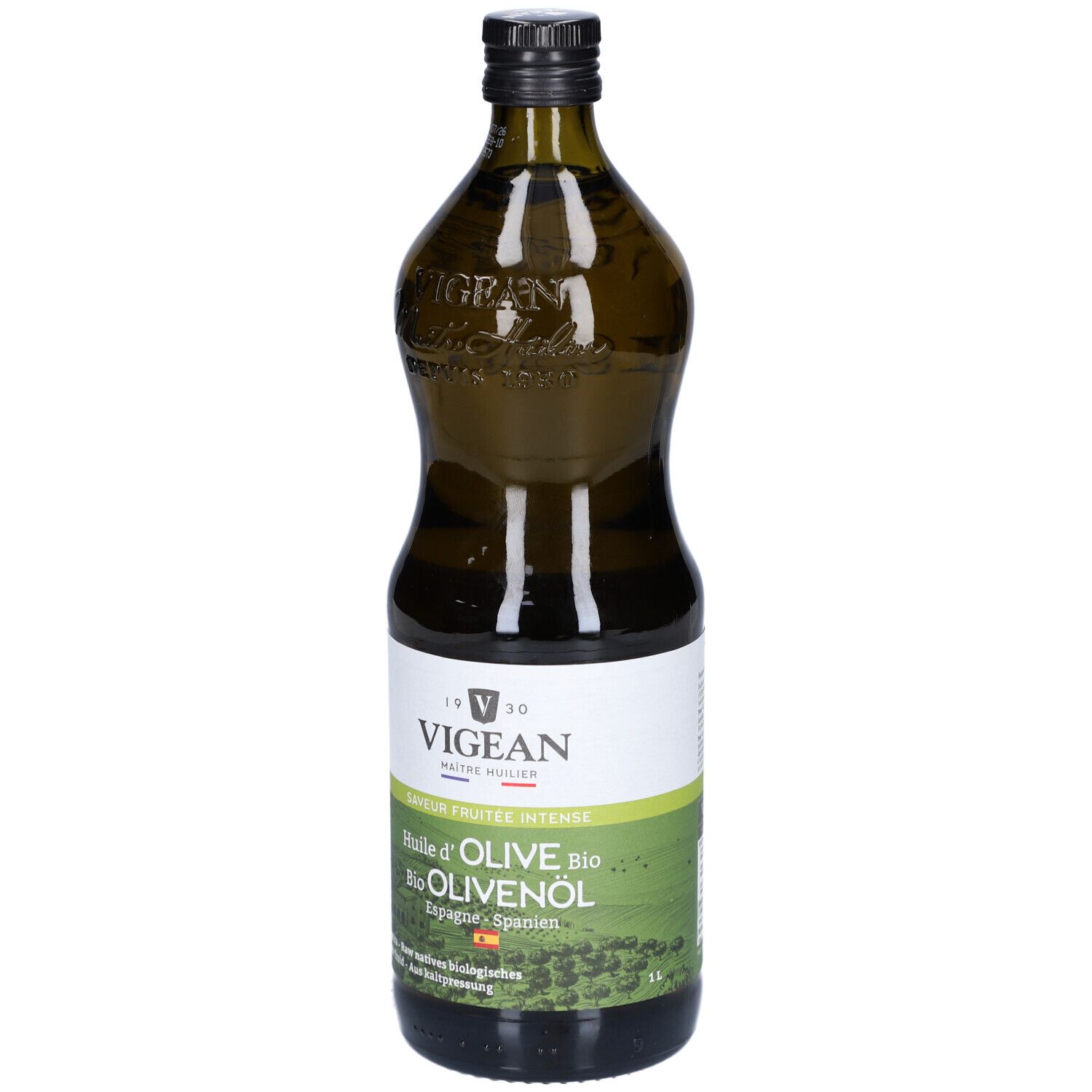 Grüne Glasflasche mit Olivenöl. Aufschrift: VIGEAN, Huile d'Olive Bio, Olivenöl. Schwarzer Verschluss. 1L.