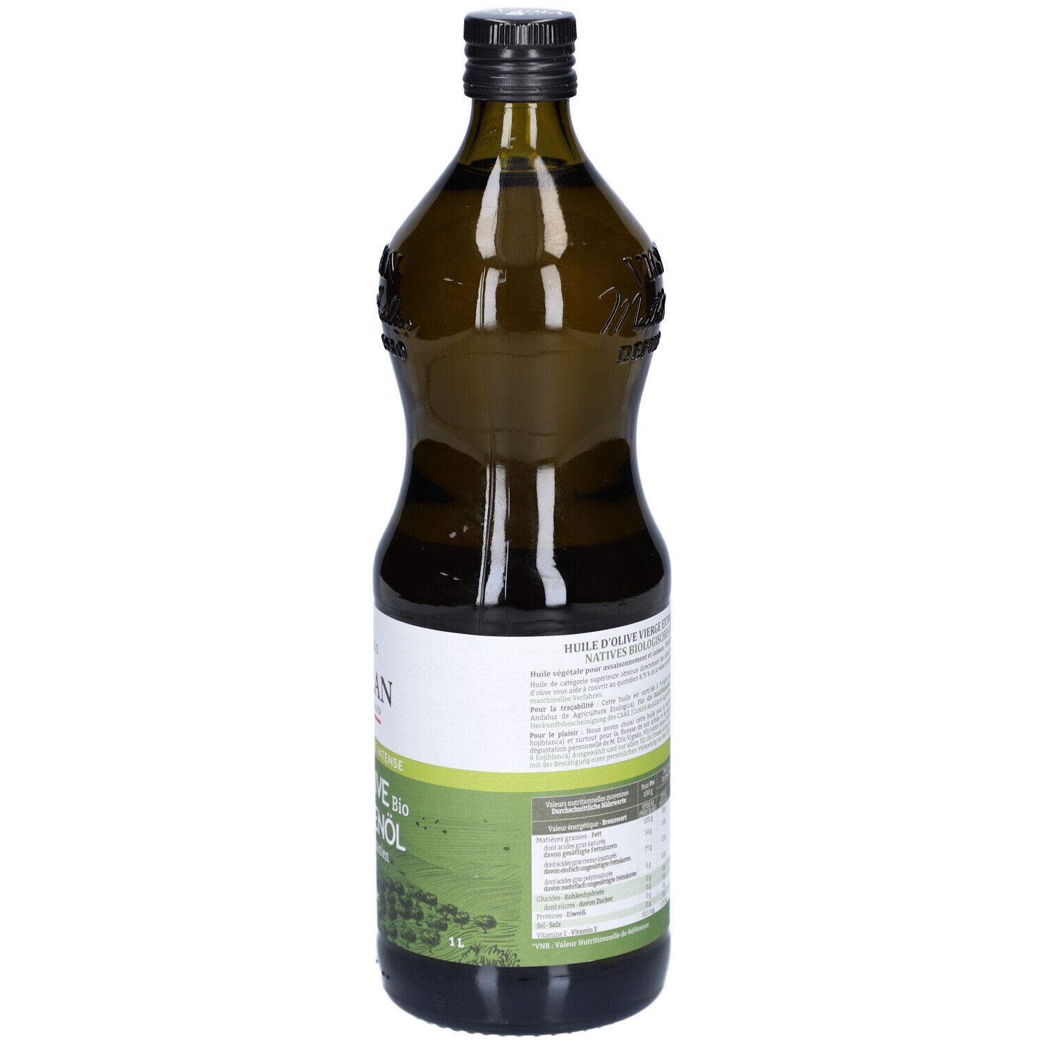 Rückseite der grünen Glasflasche. Aufschrift: VIGEAN, Huile d'Olive Bio, Olivenöl. 1L. Informationen.