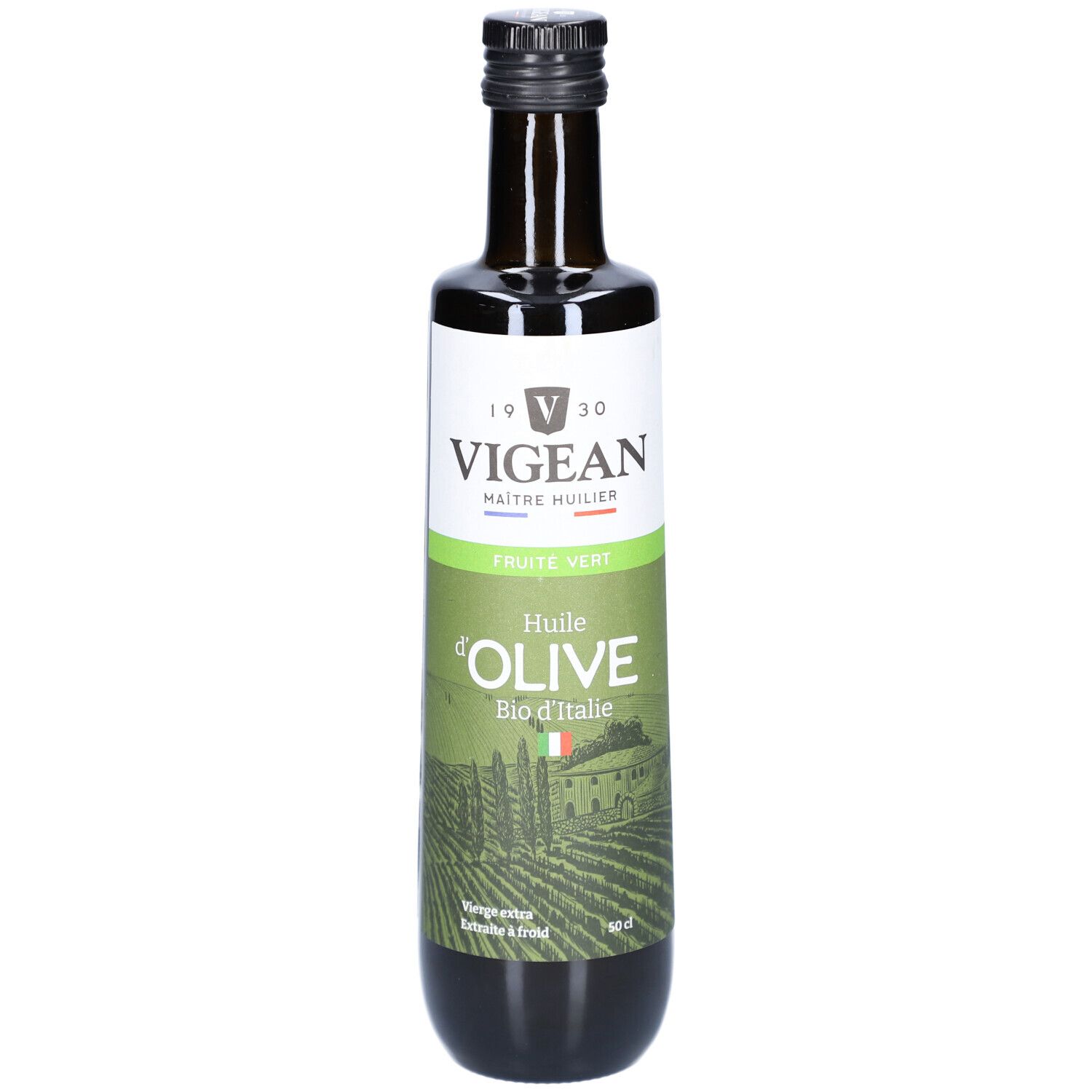 Grüne Glasflasche mit Olivenöl. Aufschrift: VIGEAN, Huile d'Olive Bio d'Italie. Schwarzer Deckel.