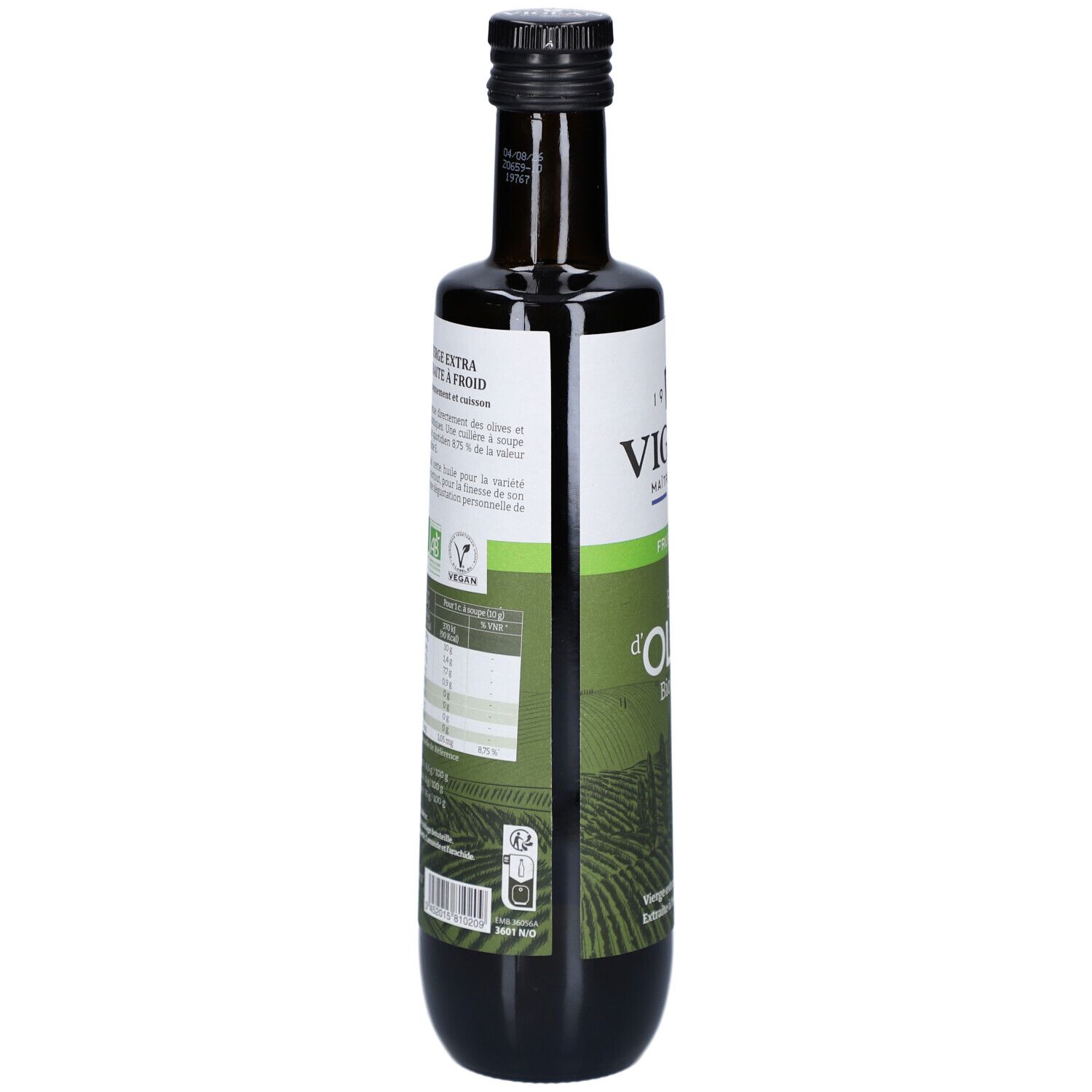 Rückseite der grünen Glasflasche mit Olivenöl. Text und Nährwertangaben. Schwarzer Deckel.