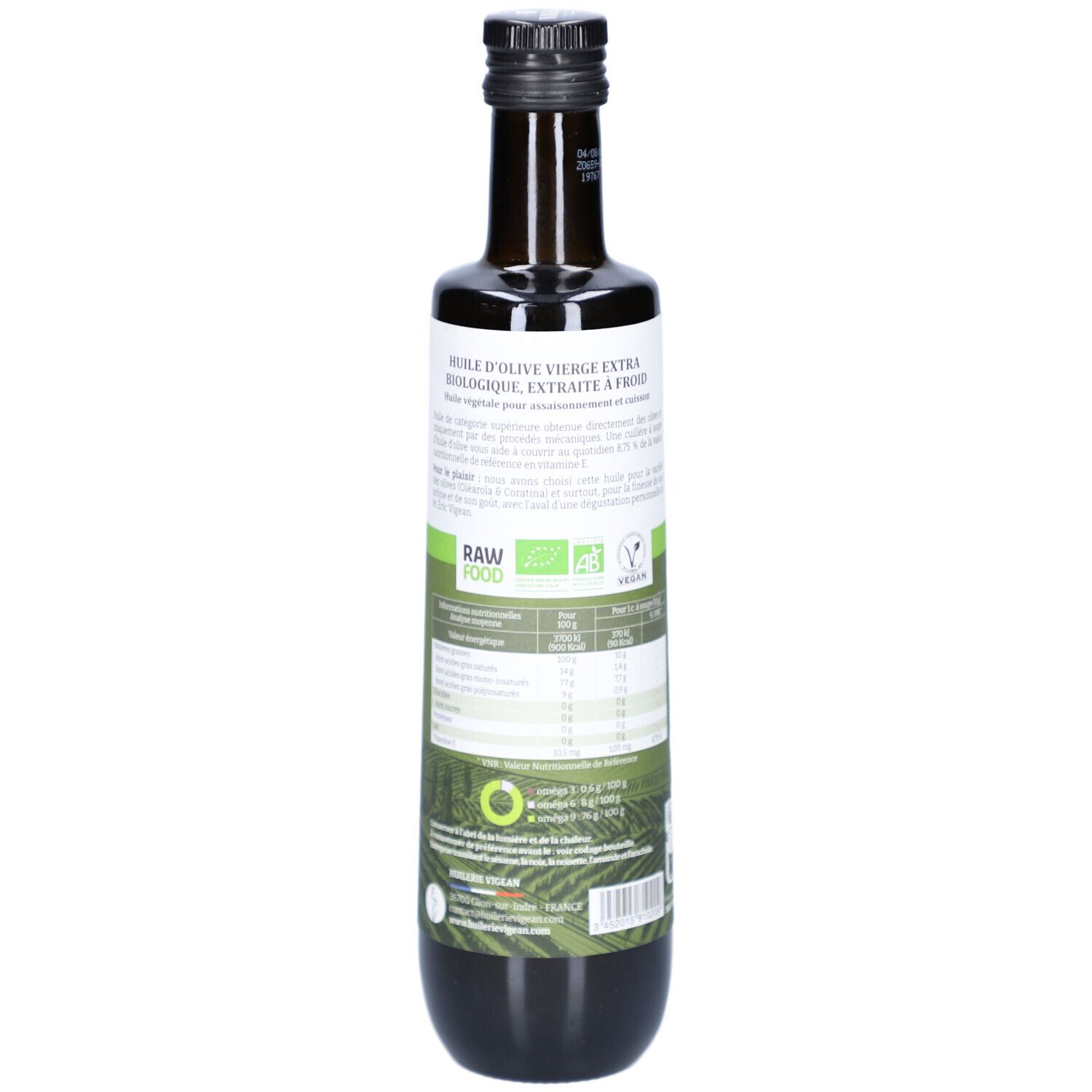Rückseite der grünen Glasflasche mit Olivenöl. Text, Nährwertangaben und Bio-Siegel. Schwarzer Deckel.