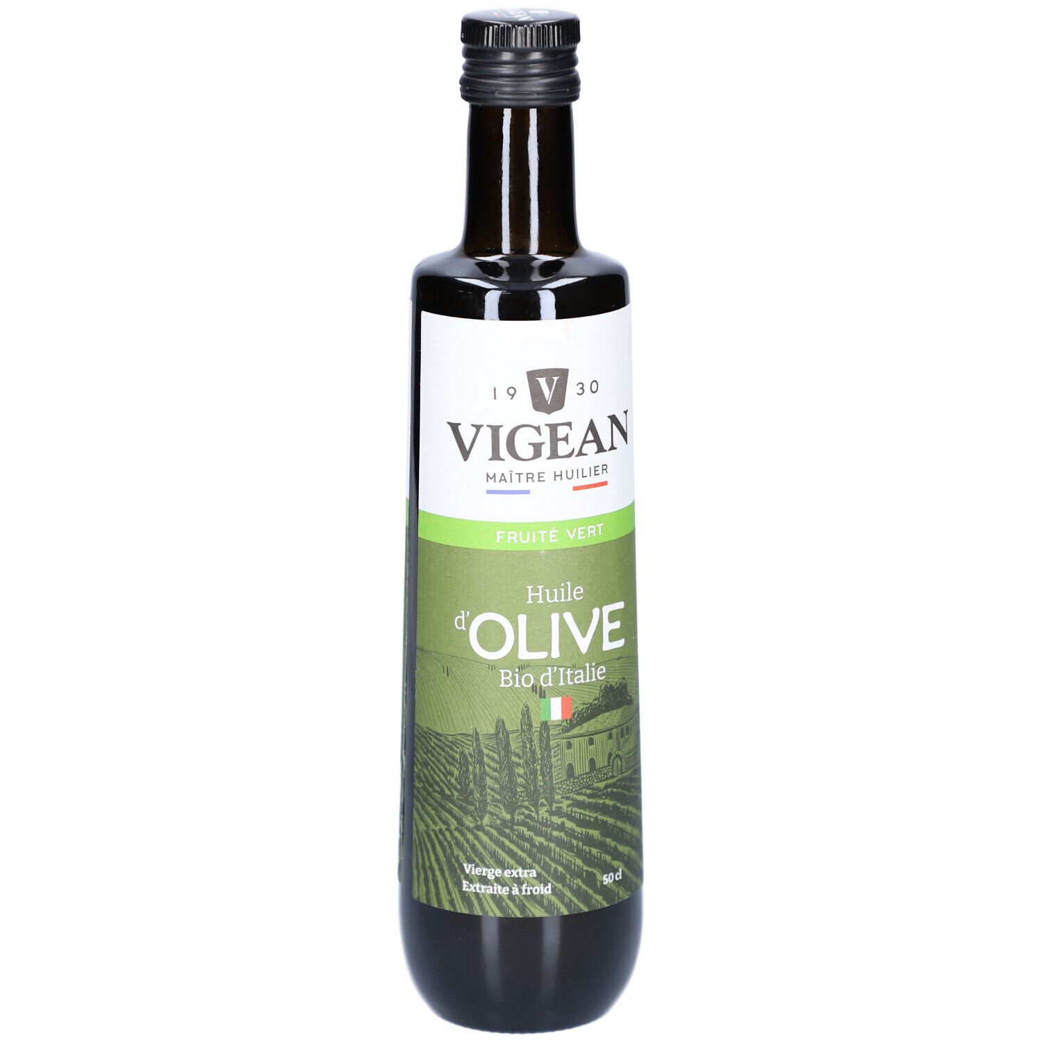 Grüne Glasflasche mit Olivenöl. Aufschrift: VIGEAN, Huile d'Olive Bio d'Italie. Schwarzer Deckel.