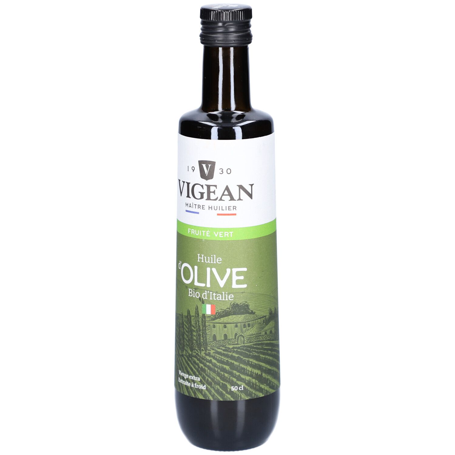 Grüne Glasflasche mit Olivenöl. Aufschrift: VIGEAN, Huile d'Olive Bio d'Italie. Schwarzer Deckel.