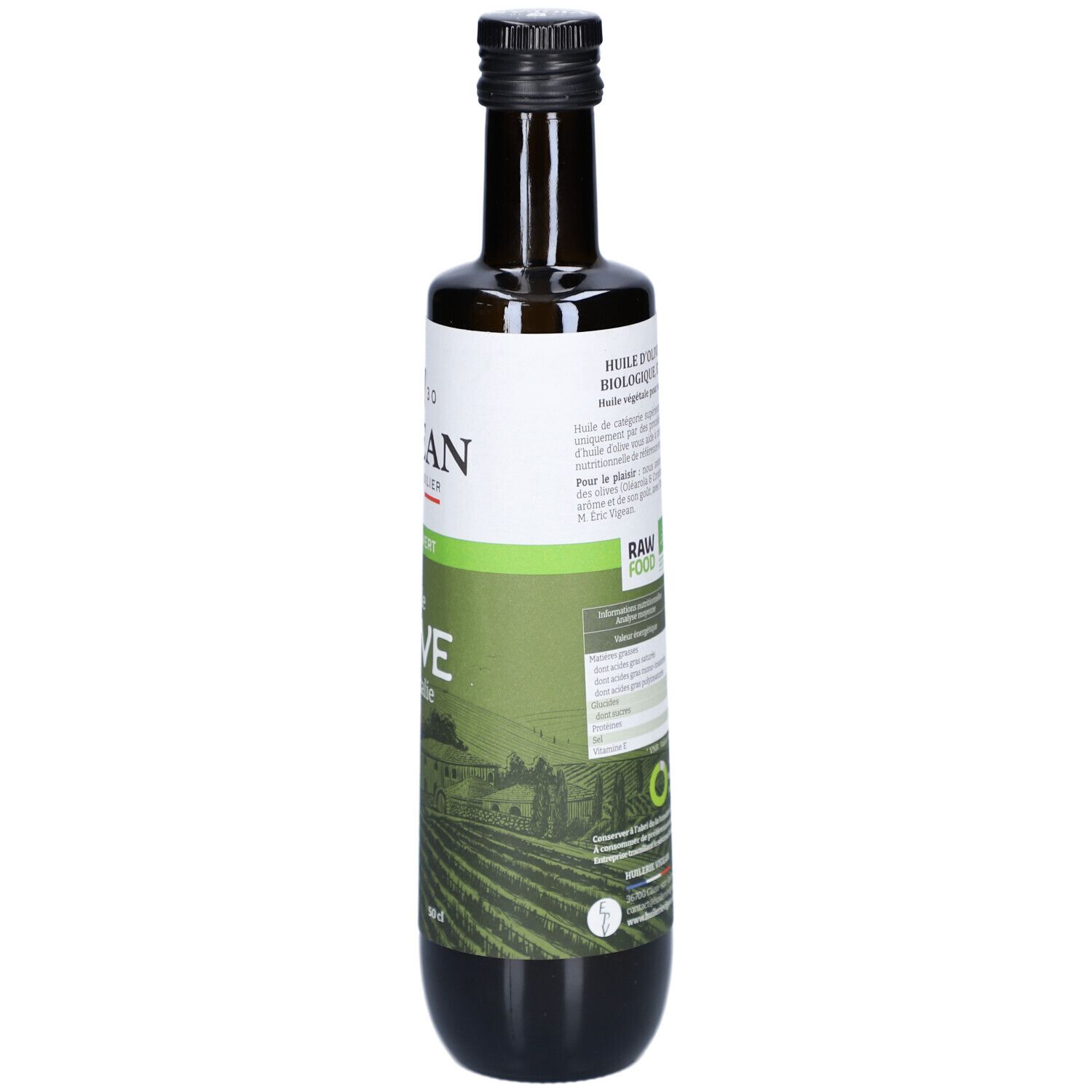 Grüne Glasflasche mit Olivenöl. Aufschrift: VIGEAN, Huile d'Olive Bio d'Italie. Schwarzer Deckel.
