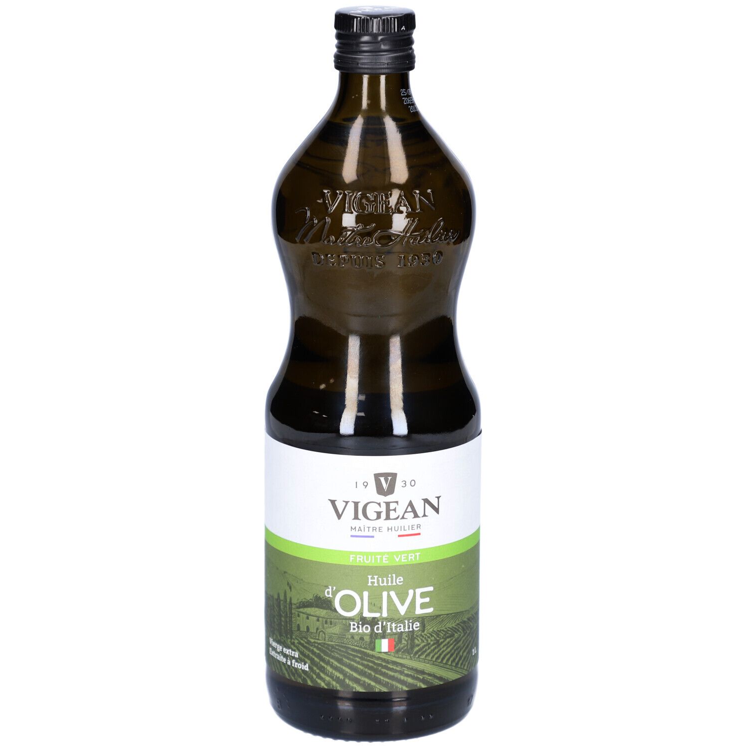 Grüne Glasflasche mit Olivenöl. Etikett mit "VIGEAN", "Huile d'Olive Bio d'Italie". Schwarzer Verschluss.
