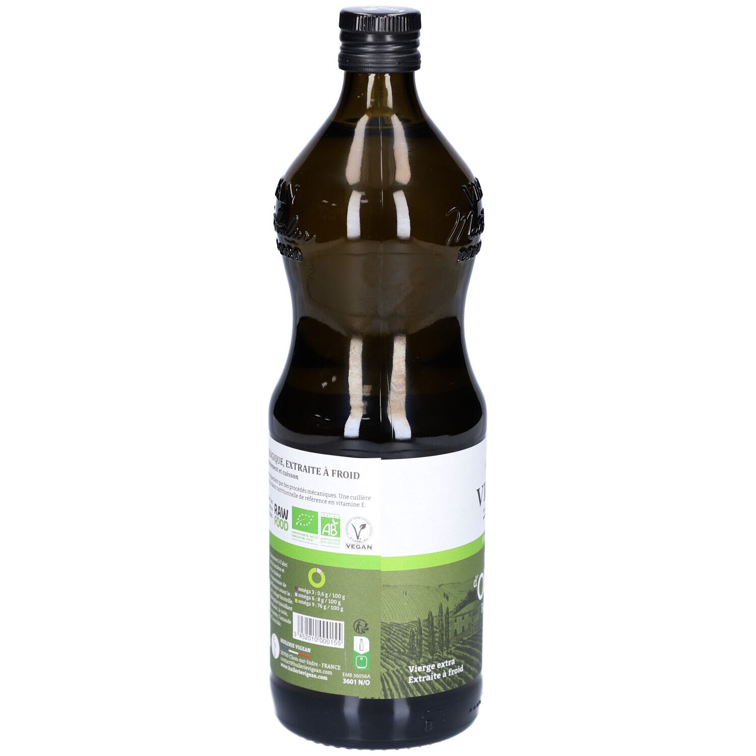 Grüne Glasflasche mit Olivenöl. Etikett mit Text und Bio-Siegel. Schwarzer Verschluss.