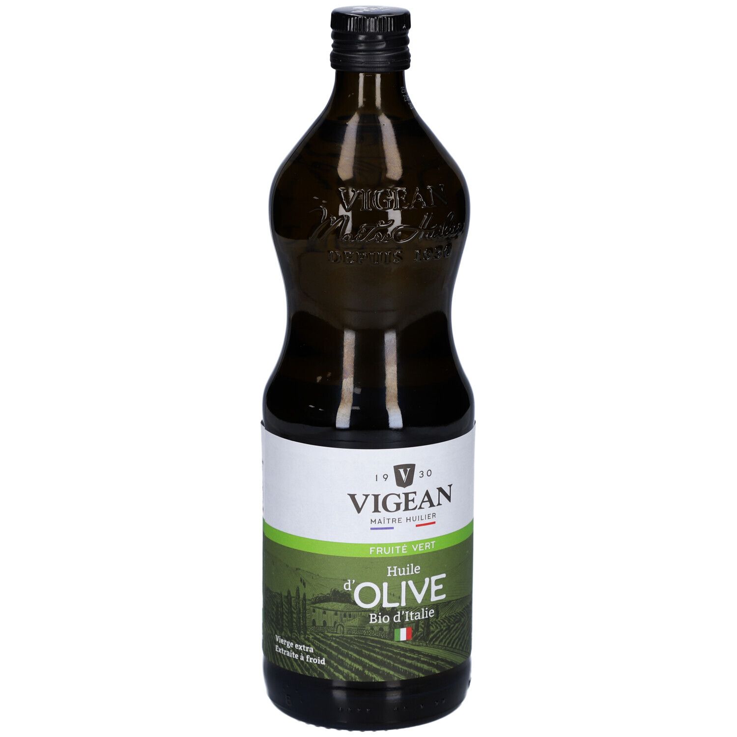 Grüne Glasflasche mit Olivenöl. Etikett mit "VIGEAN", "Huile d'Olive Bio d'Italie". Schwarzer Verschluss.