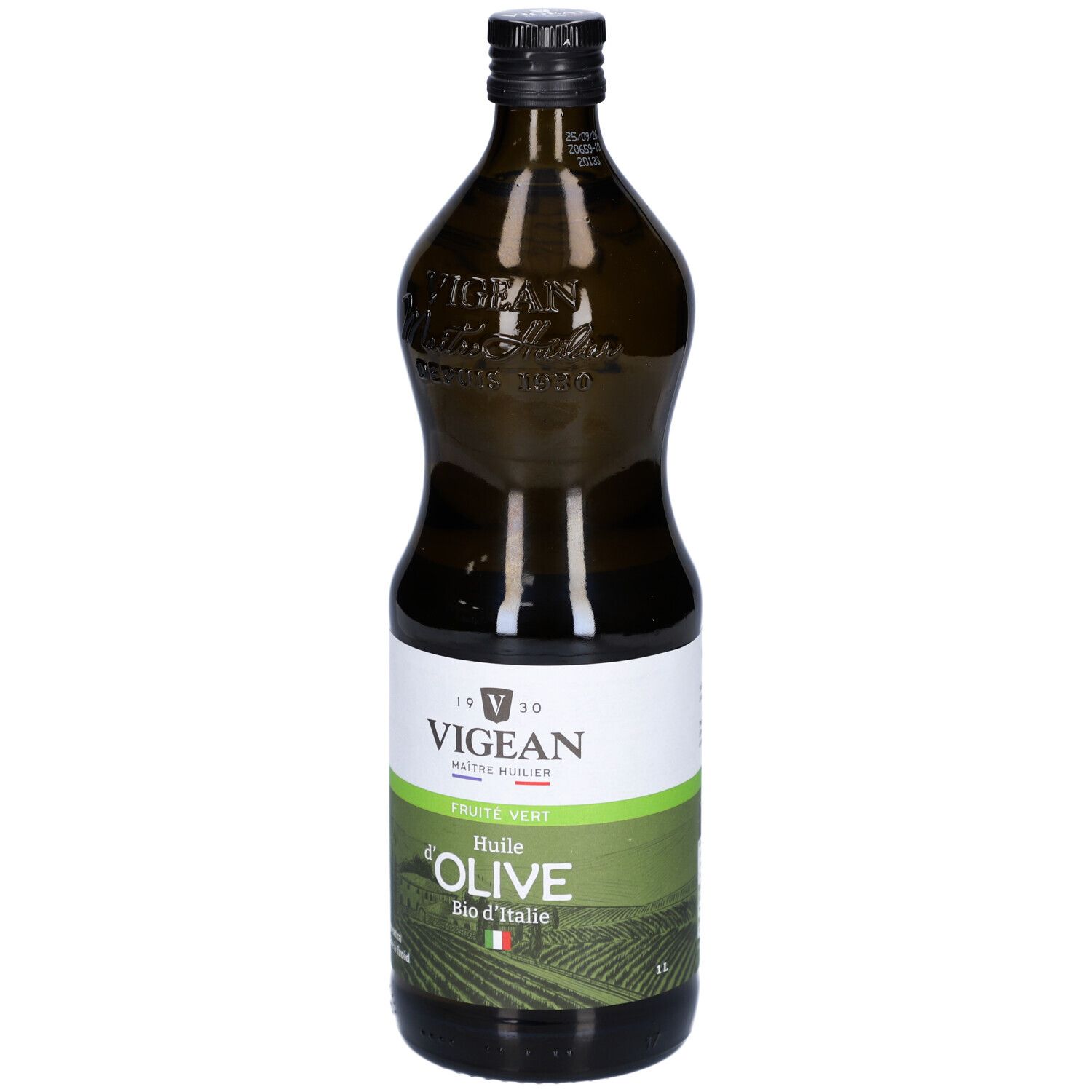 Grüne Glasflasche mit Olivenöl. Etikett mit "VIGEAN", "Huile d'Olive Bio d'Italie", 1L. Schwarzer Verschluss.