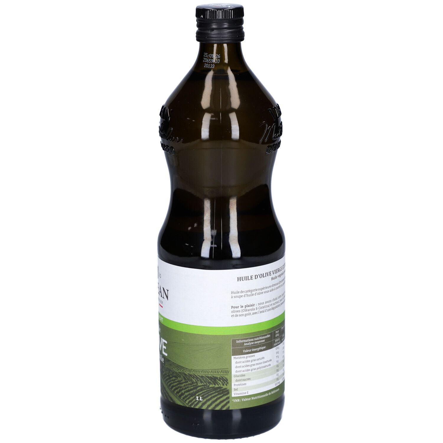 Grüne Glasflasche mit Olivenöl. Rückseite mit Text, 1L. Schwarzer Verschluss.