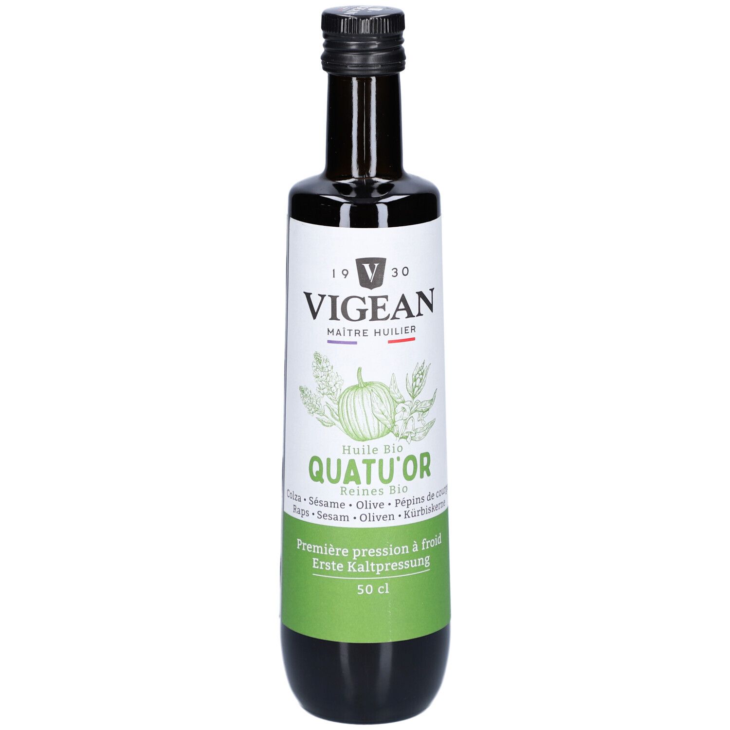 Braune Glasflasche mit schwarzem Deckel. Etikett mit Logo, Produktname und Inhaltsstoffen. 50 cl.