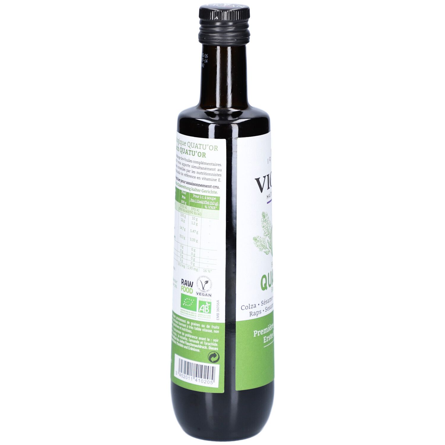 Braune Glasflasche, Seitenansicht. Etikett mit Nährwertangaben, Bio-Siegel und Inhaltsstoffen.