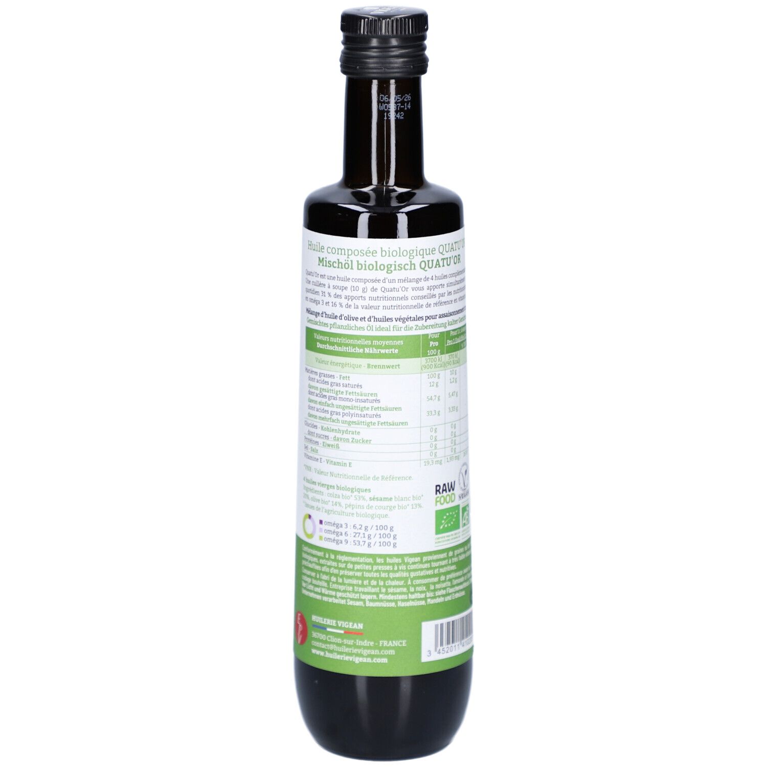 Braune Glasflasche, Rückansicht. Etikett mit Nährwertangaben, Bio-Siegel und Inhaltsstoffen.