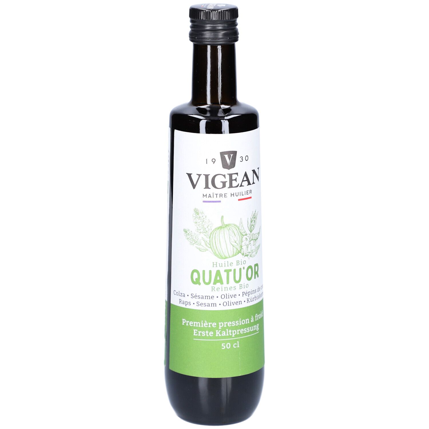 Braune Glasflasche mit schwarzem Deckel. Etikett mit Logo, Produktname und Inhaltsstoffen. 50 cl.