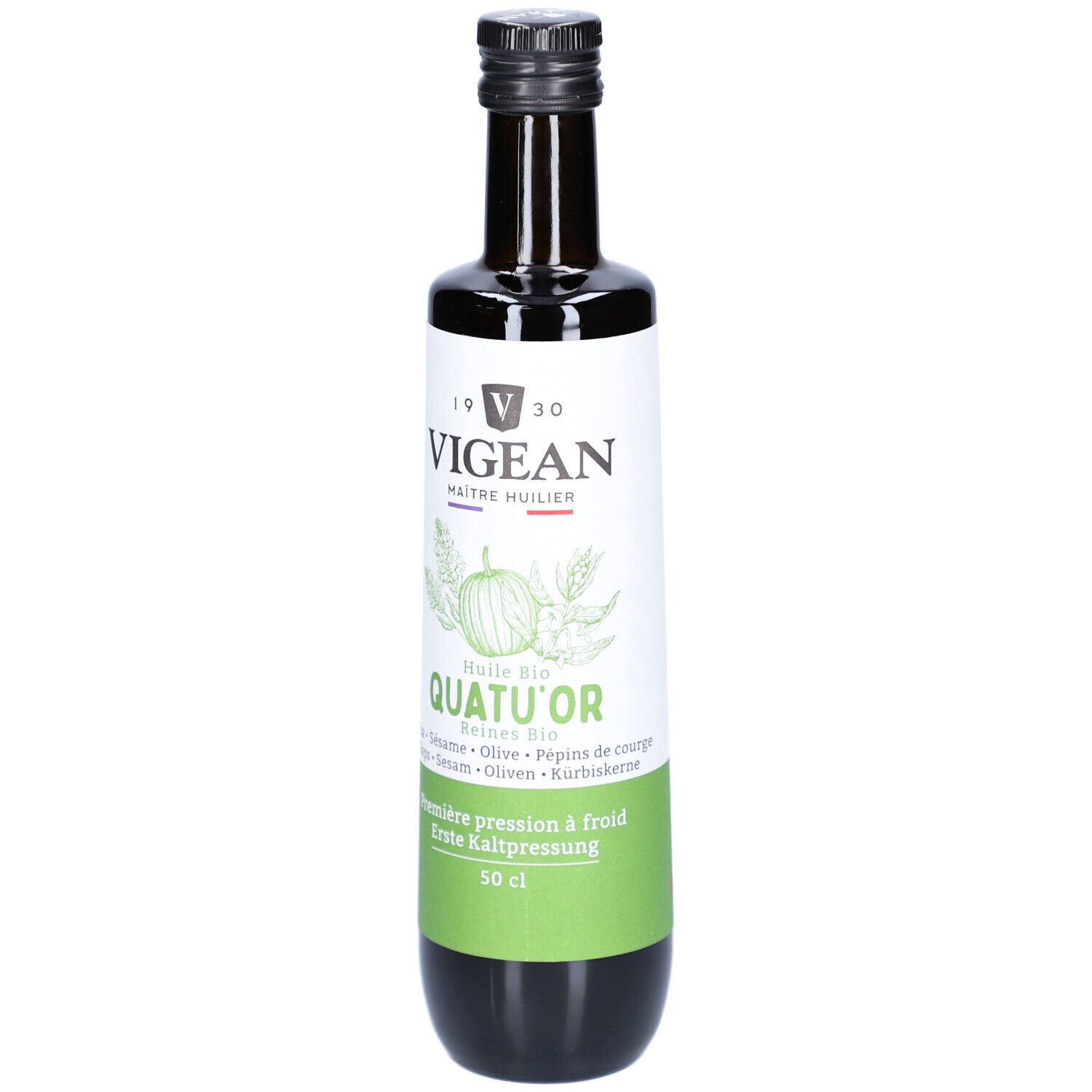 Braune Glasflasche mit schwarzem Deckel. Etikett mit Logo, Produktname und Inhaltsstoffen. 50 cl.