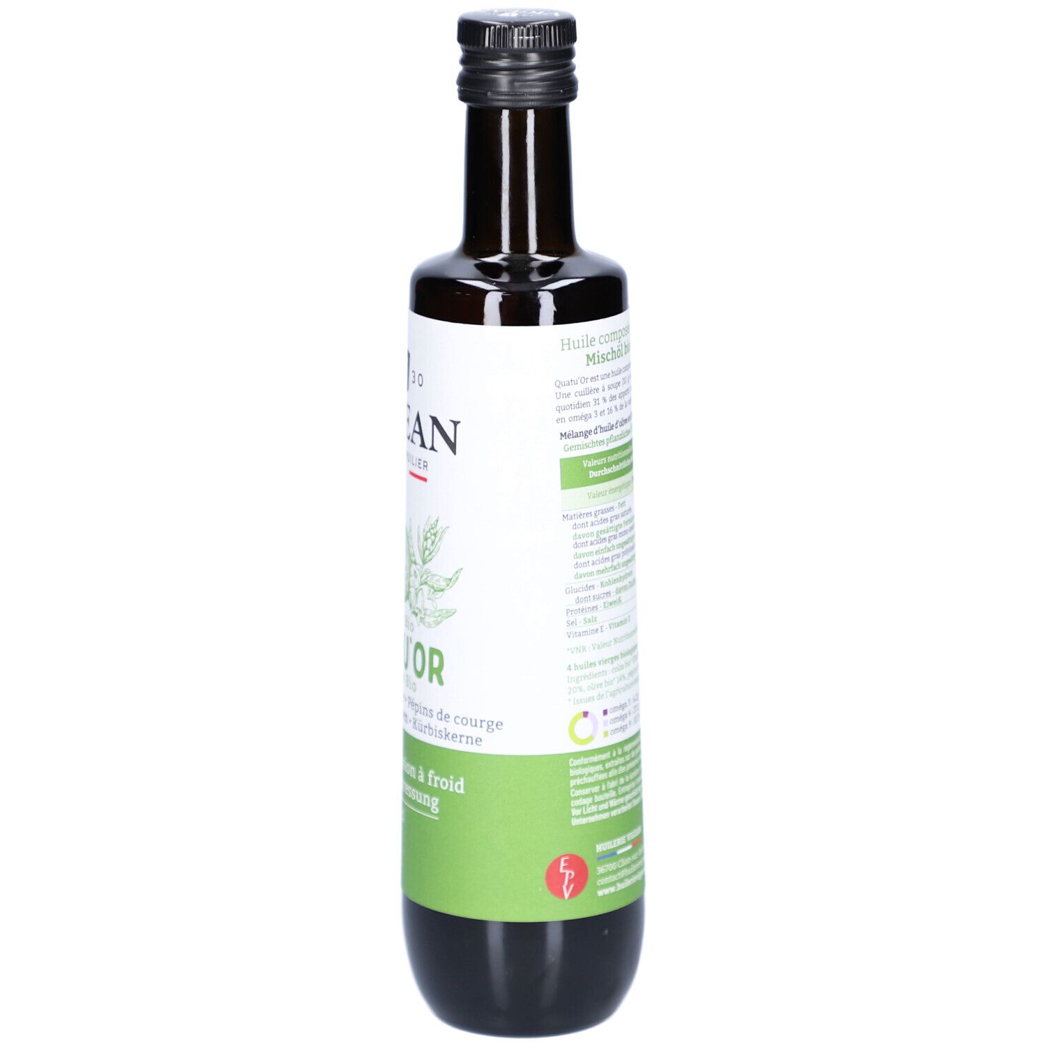 Braune Glasflasche, Seitenansicht. Etikett mit Produktinformationen und Bio-Siegel.