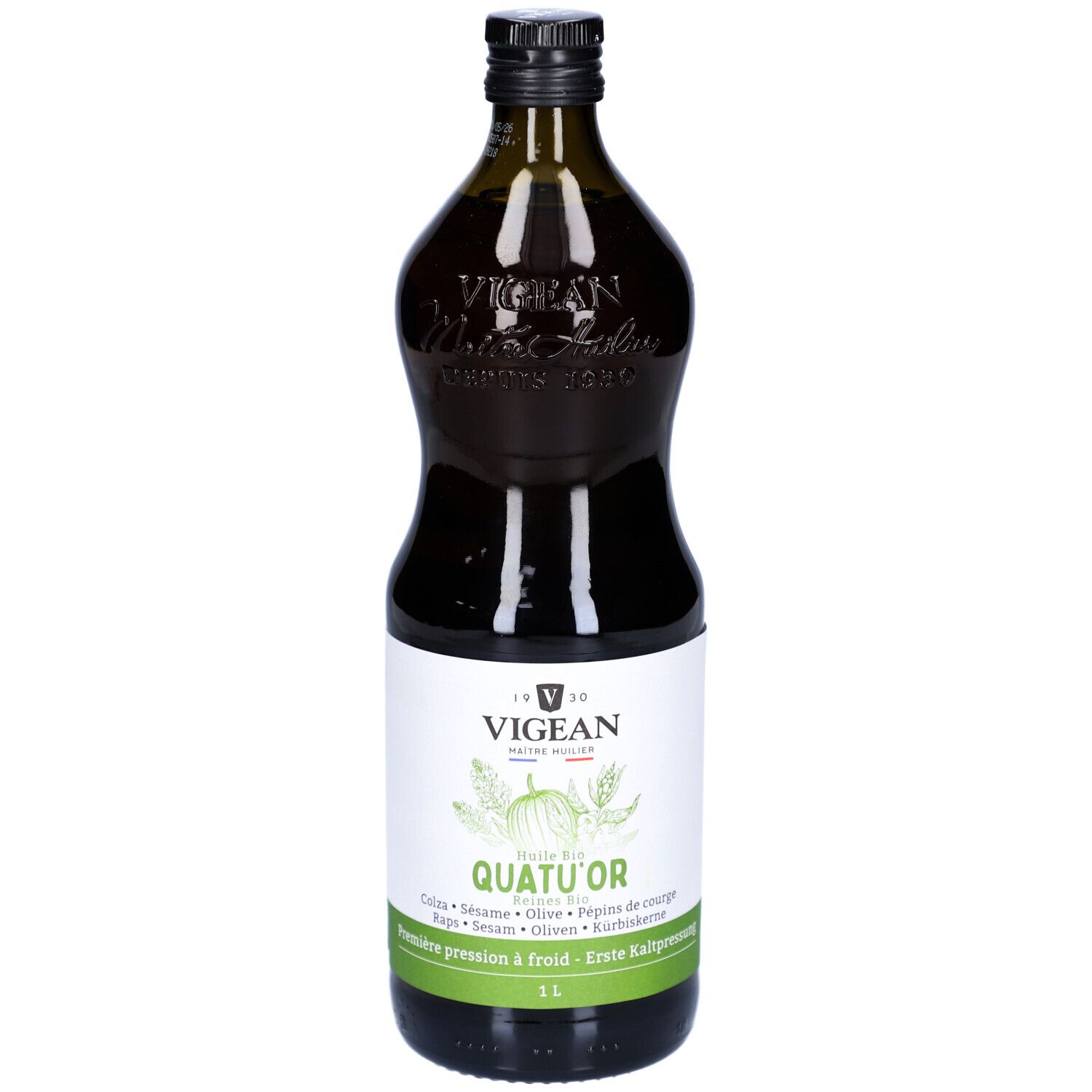 Grüne Glasflasche mit schwarzem Deckel. Etikett mit Produktnamen und Zutaten. 1 Liter.