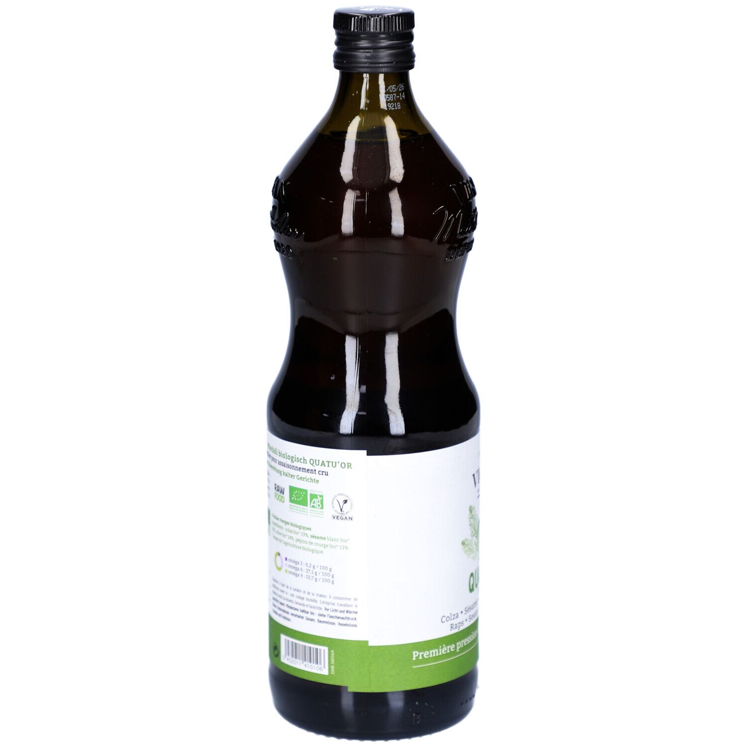 Grüne Glasflasche mit schwarzem Deckel. Etikett mit Produktinformationen und Bio-Siegel.