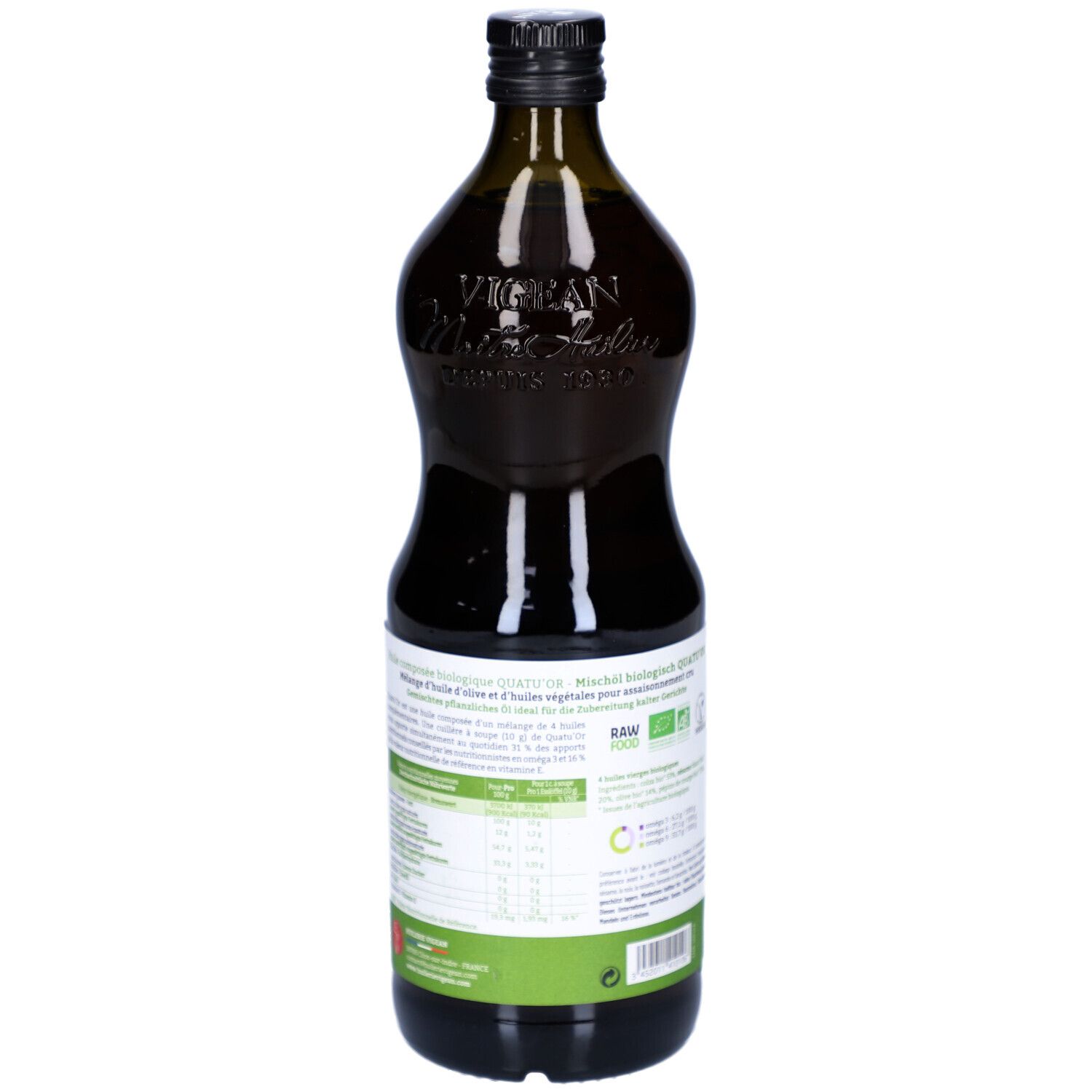 Grüne Glasflasche mit schwarzem Deckel. Rückseite mit Nährwertangaben und Bio-Siegel.
