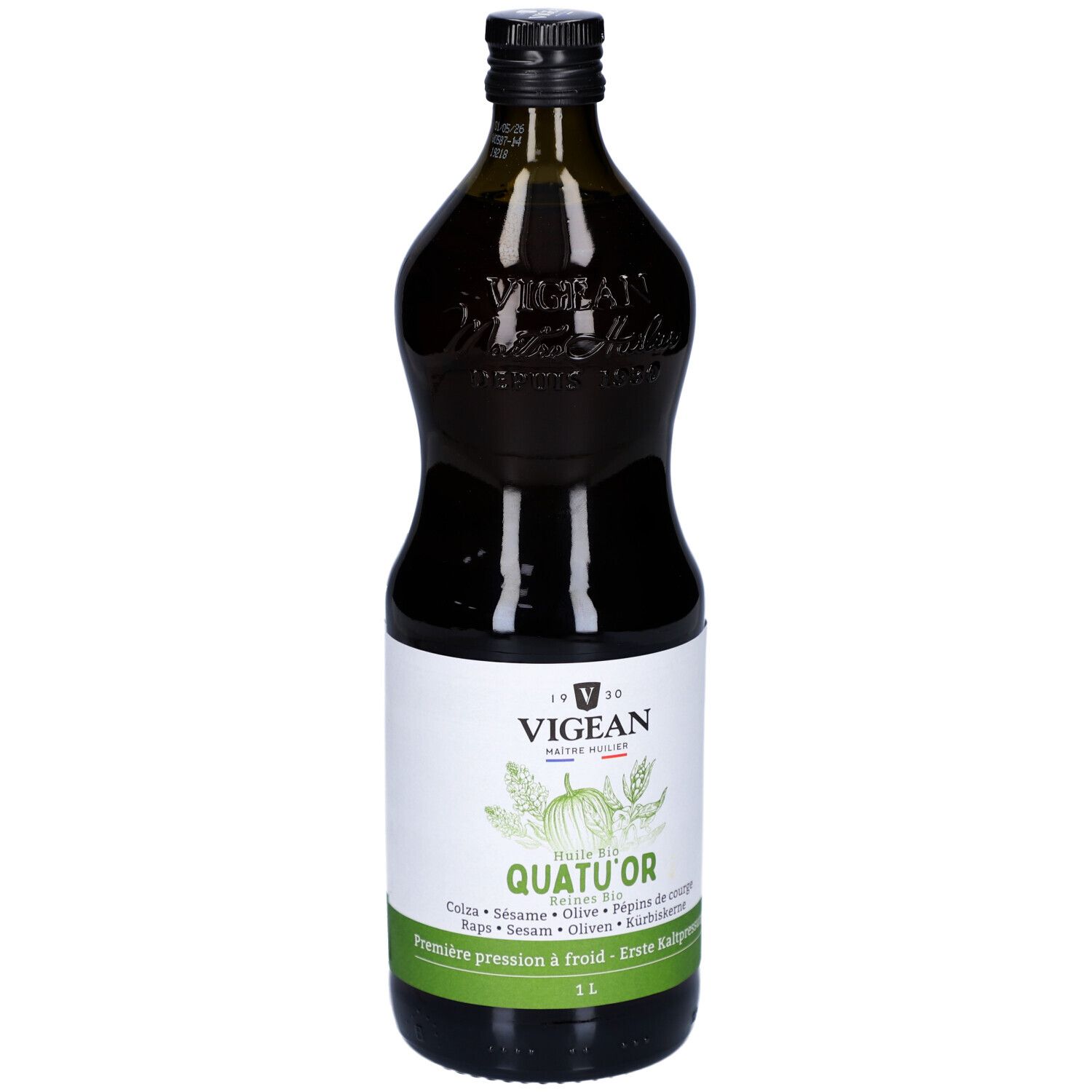 Grüne Glasflasche mit schwarzem Deckel. Etikett mit Produktnamen und Zutaten. 1 Liter.