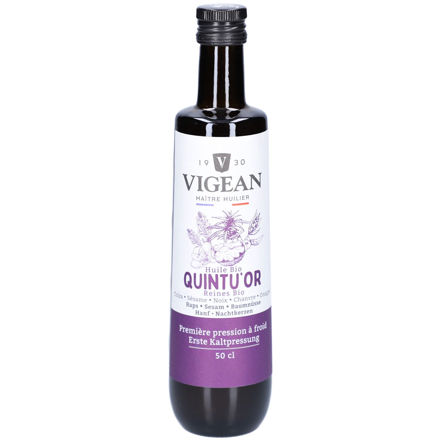 Braune Glasflasche mit schwarzem Deckel. Etikett mit Produktnamen, Logo und Inhaltsangaben. 50 cl.