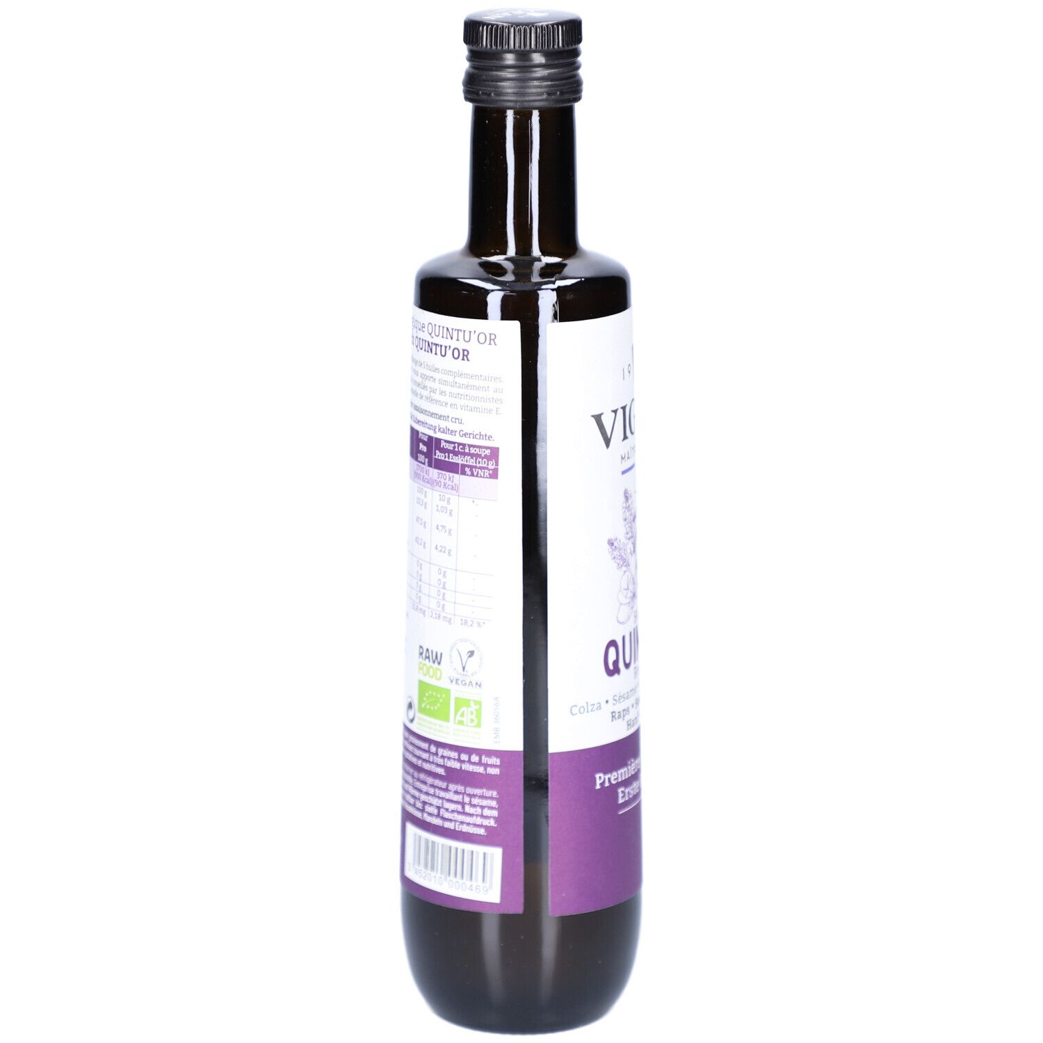 Braune Glasflasche mit schwarzem Deckel. Etikett mit Nährwertangaben und Bio-Siegel. Rückansicht.