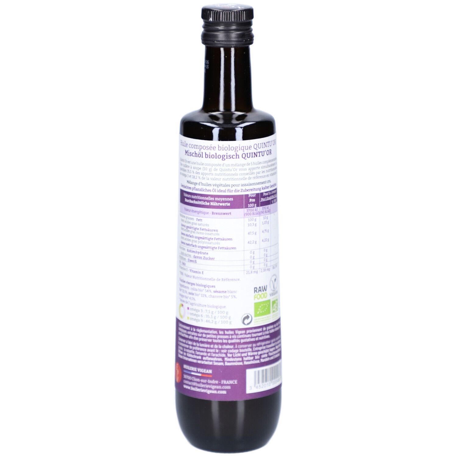 Braune Glasflasche mit schwarzem Deckel. Etikett mit Nährwertangaben und Bio-Siegel. Rückansicht.