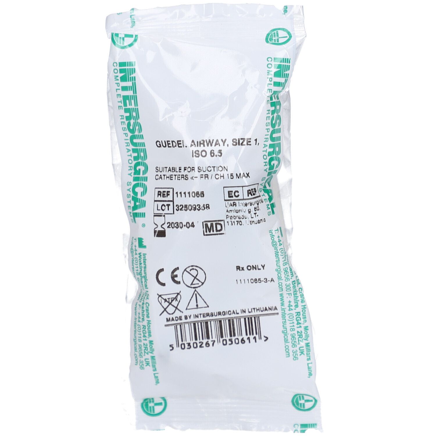 Guedel Airway, taille 1, ISO 6.5, dans un emballage scellé. Informations sur le produit et marquage CE visibles.