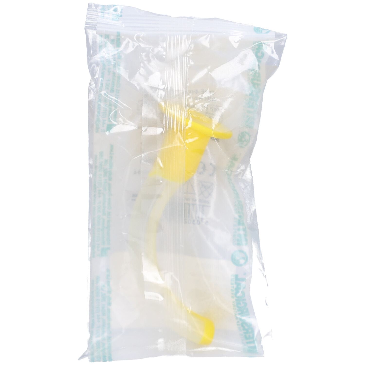 Tube de Guedel jaune dans un emballage transparent. Un corps incurvé et un embout buccal sont visibles.