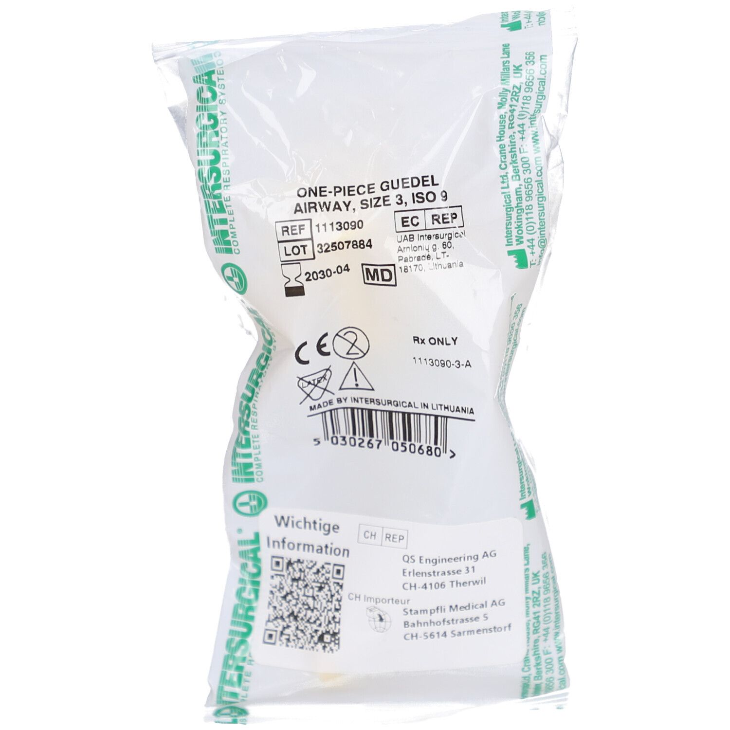 Emballage avec tube de Guedel jaune. Inscriptions: Intersurgical, One-Piece Guedel Airway, taille 3, ISO 9, marquage CE.
