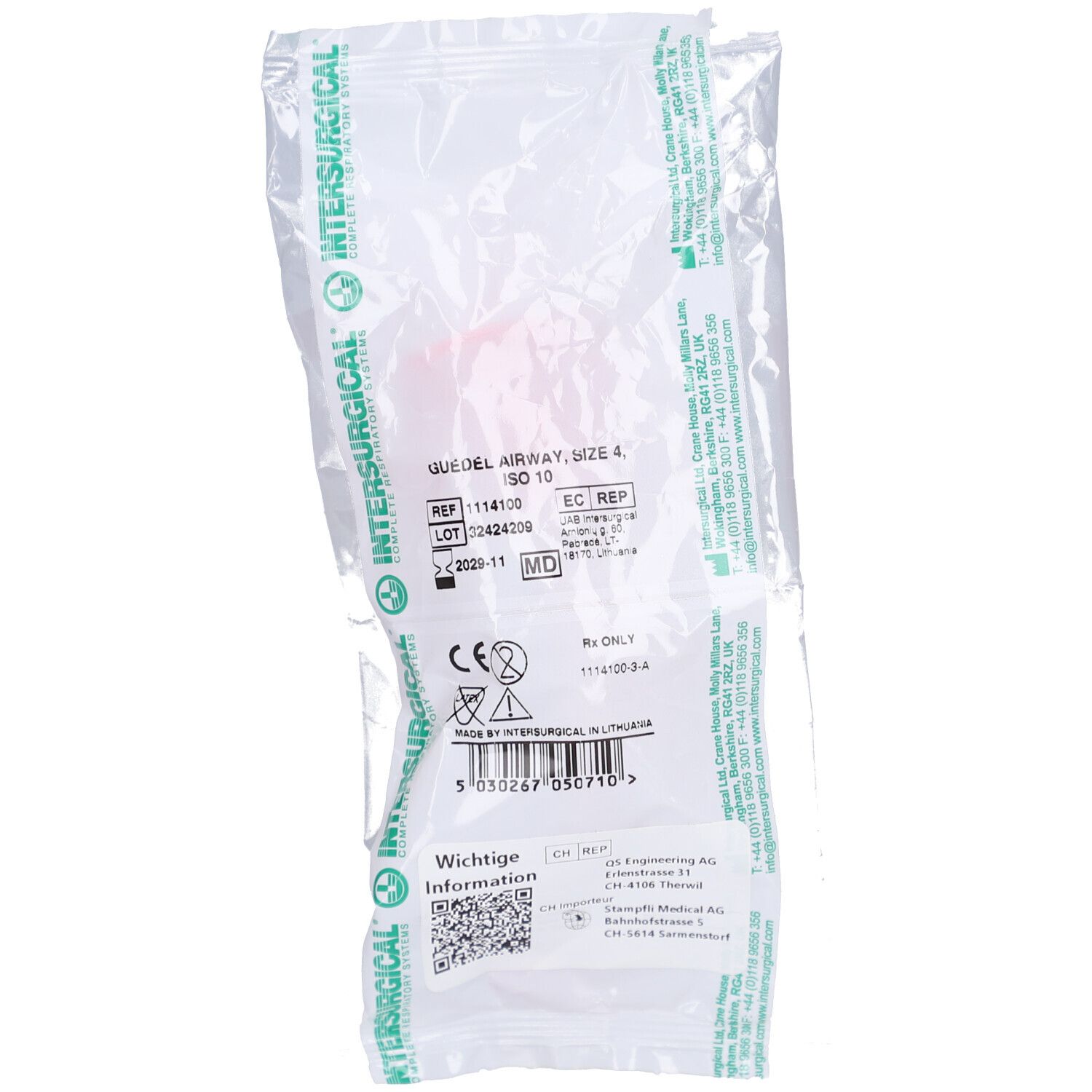 Verpackung mit Guedeltubus. Aufdruck: Intersurgical, Guedel Airway, Größe 4, ISO 10.0. Mit CE-Kennzeichnung.