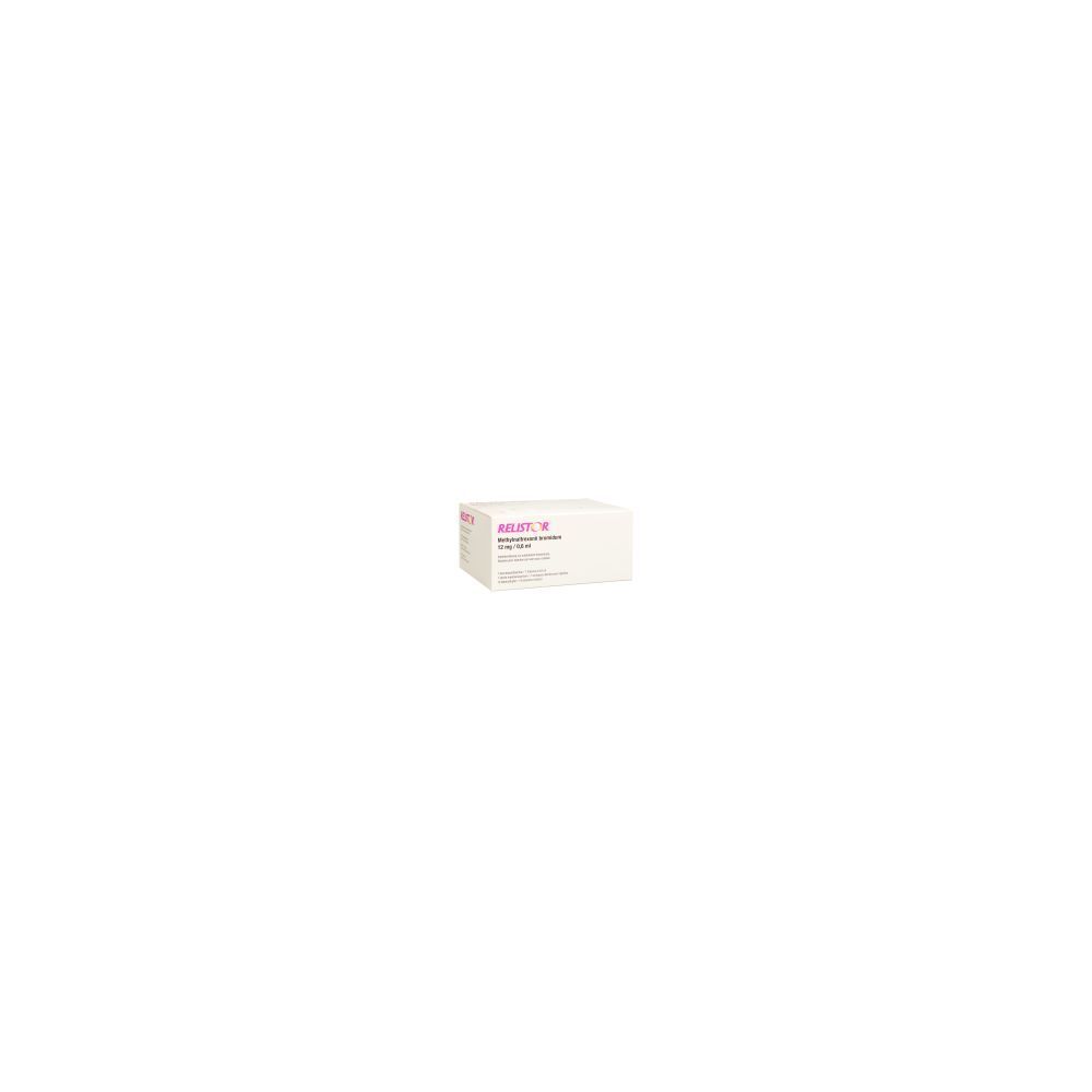 Karton mit Produktaufdruck. Text in Rosa und Schwarz. Aufschrift: RELISTOR Inj Lös 12 mg/0.6ml Durchstf 7 Stk.