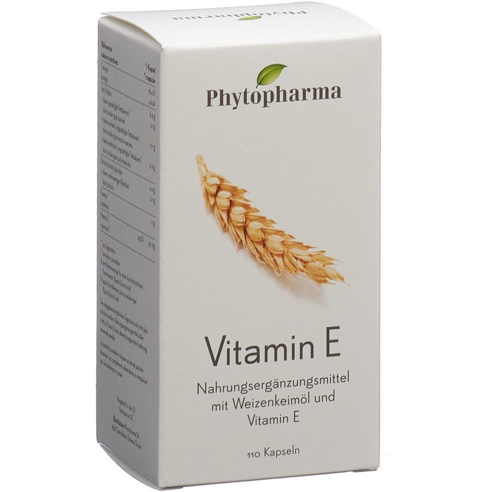 Weiße Schachtel mit „Phytopharma“ und „Vitamin E“. Abbildung eines Weizenährens. Text: Nahrungsergänzungsmittel mit Weizenkeimöl und Vitamin E.