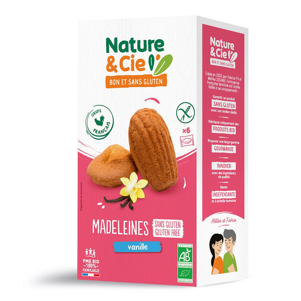 Verpackung mit glutenfreien Vanille Madeleines. Marke Nature & Cie. 6 Stück. Französische Eier. Bio-Zertifizierung.