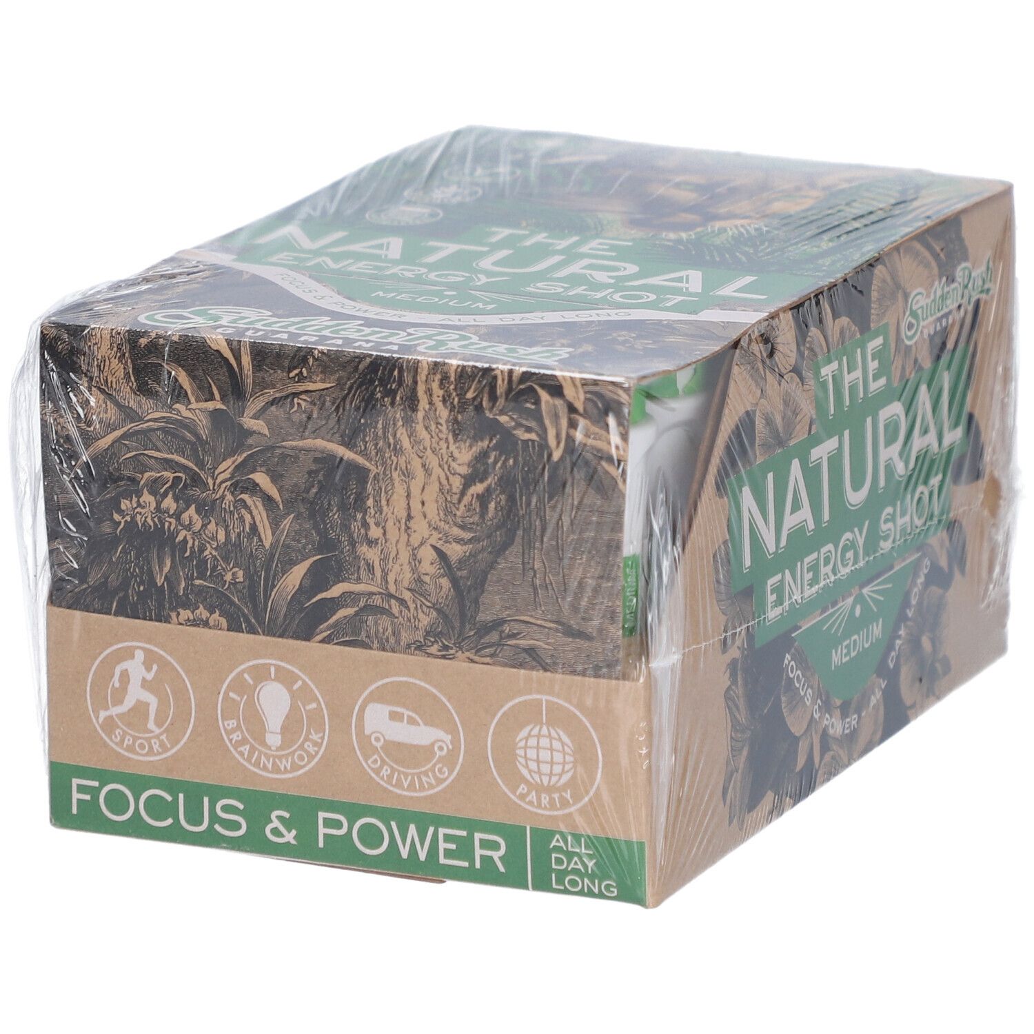 Emballage carton "THE NATURAL ENERGY SHOT". Icônes sport, concentration, conduite, fête. Focus & Power.