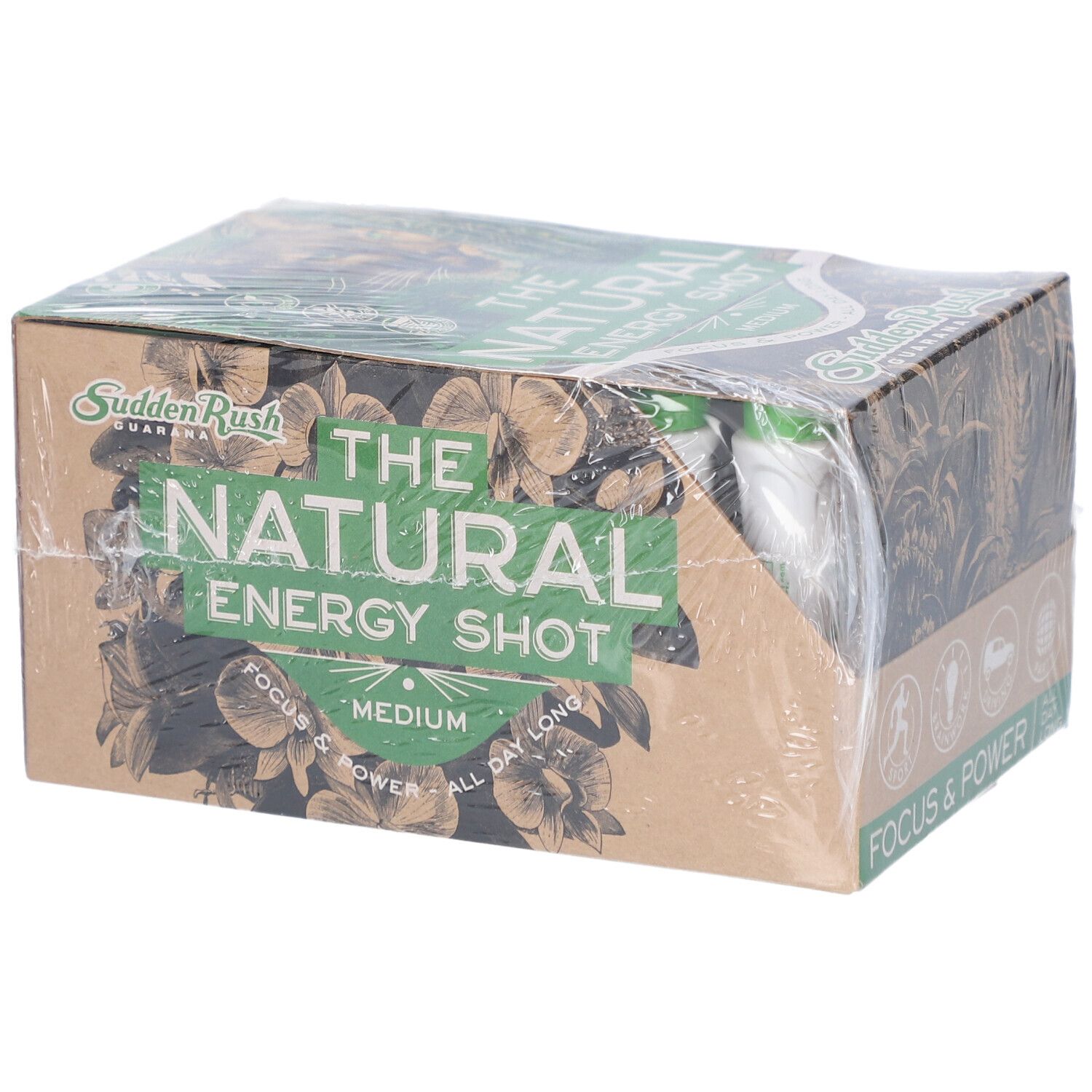 Emballage carton "THE NATURAL ENERGY SHOT". Logo "SuddenRush Guarana". Focus & Power. Medium.