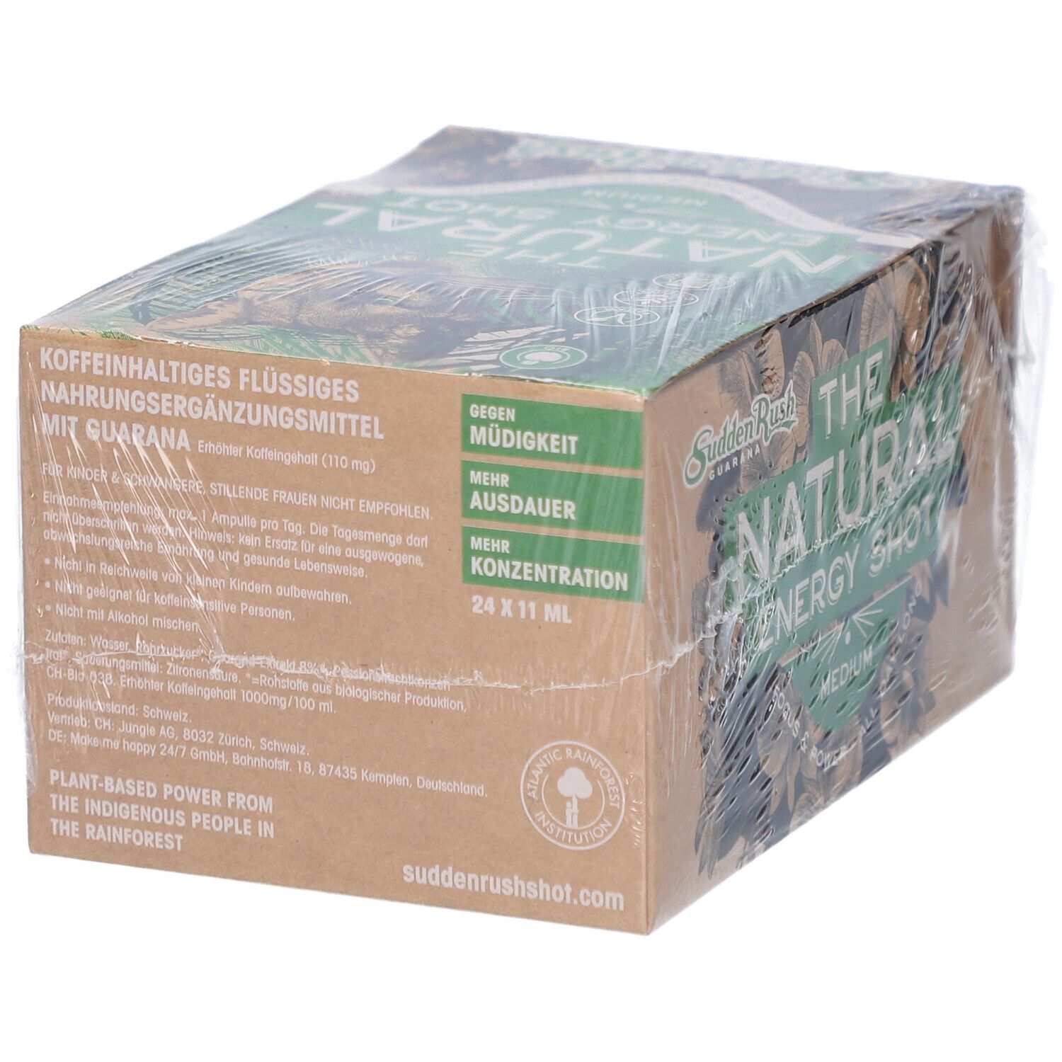 Emballage carton avec texte. "THE NATURAL ENERGY SHOT". "SuddenRush Guarana". Contre la fatigue. 24 x 11 ml.