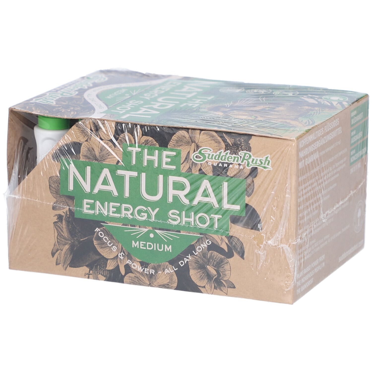 Emballage carton "THE NATURAL ENERGY SHOT". Logo "SuddenRush Guarana". Medium. Bouteilles visibles.