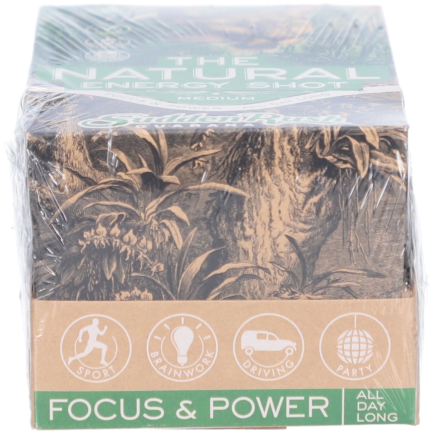 Emballage carton "THE NATURAL ENERGY SHOT". Icônes sport, concentration, conduite, fête. Focus & Power.