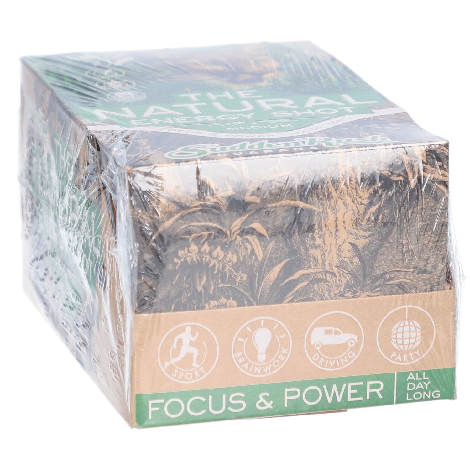 Emballage carton "THE NATURAL ENERGY SHOT". Icônes sport, concentration, conduite, fête. Focus & Power.