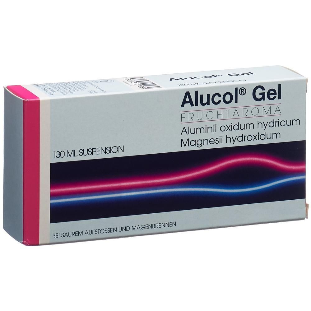 Boîte de gel Alucol. Inscription : Alucol Gel, arôme de fruits, suspension de 130 ml. Emballage rose et blanc.