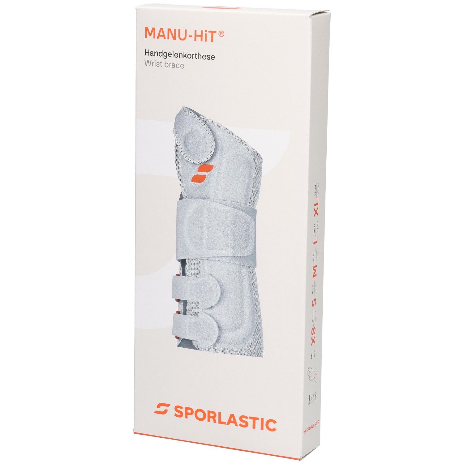 SPORLASTIC MANU-HIT Handgelenkorthese in weiß, vorne auf weißer Verpackung abgebildet.